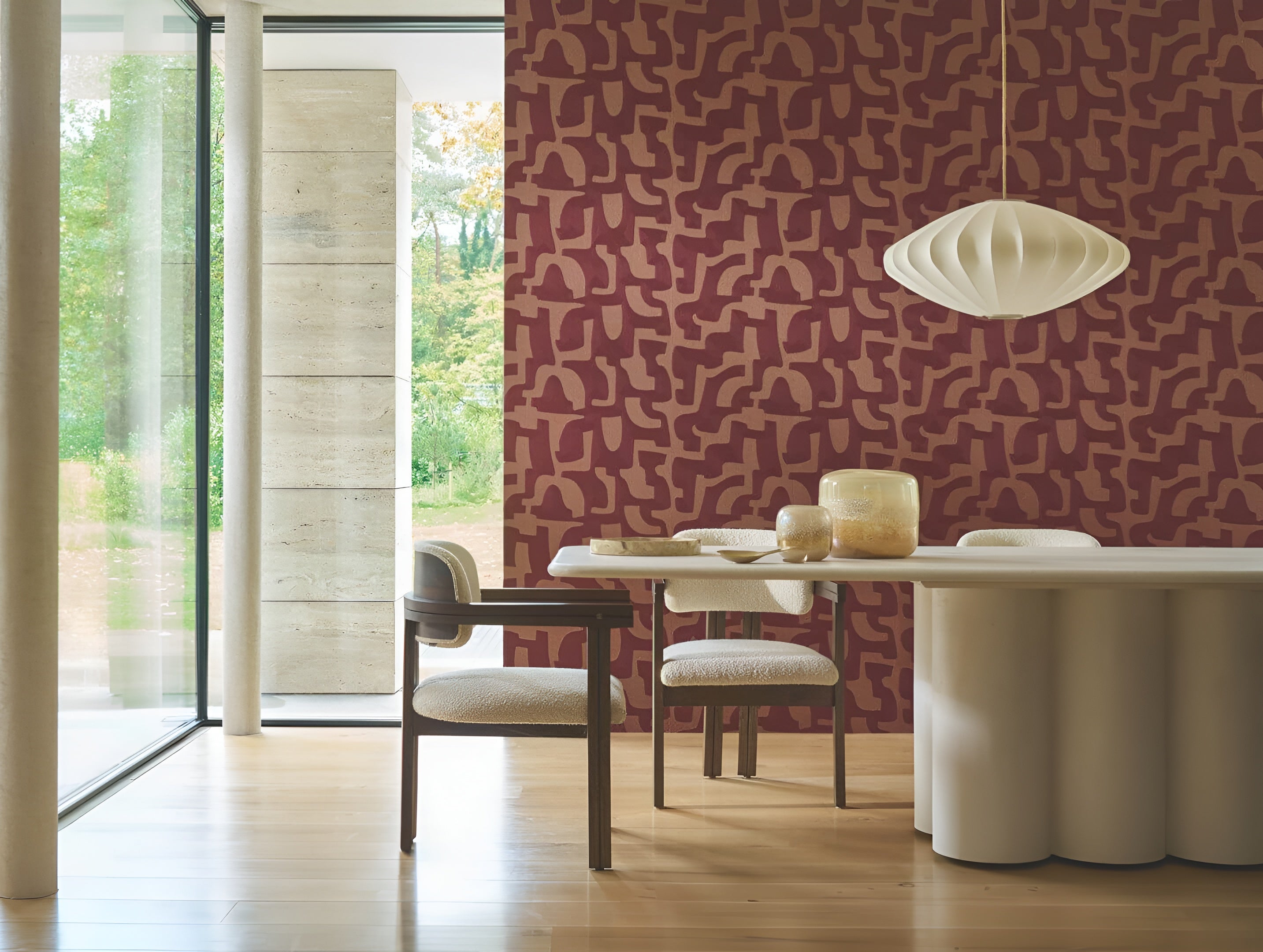 Embroidered wallpaper with geometric pattern SONATE - ROUGE SIENNE BRULÉE red-brown