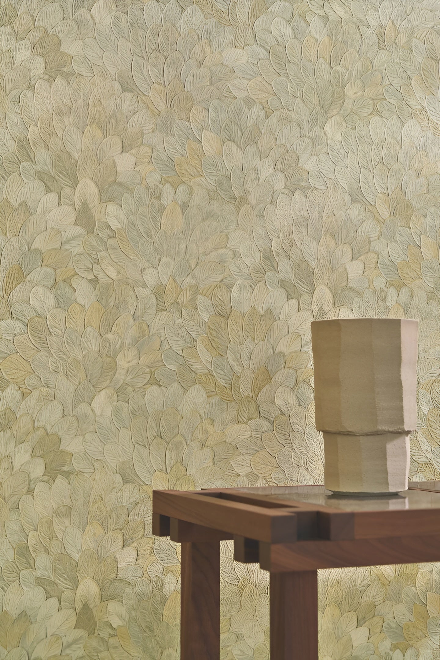 Structural vinyl wallpaper with a plant motif FEIJOA - AMANDE olive