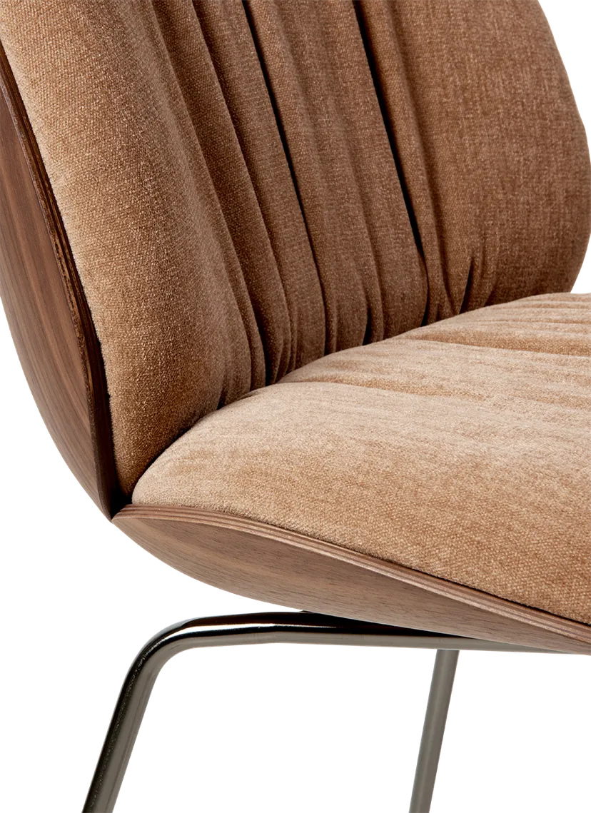 BEETLE SOFT upholstered bar stool with walnut wood and black chrome base