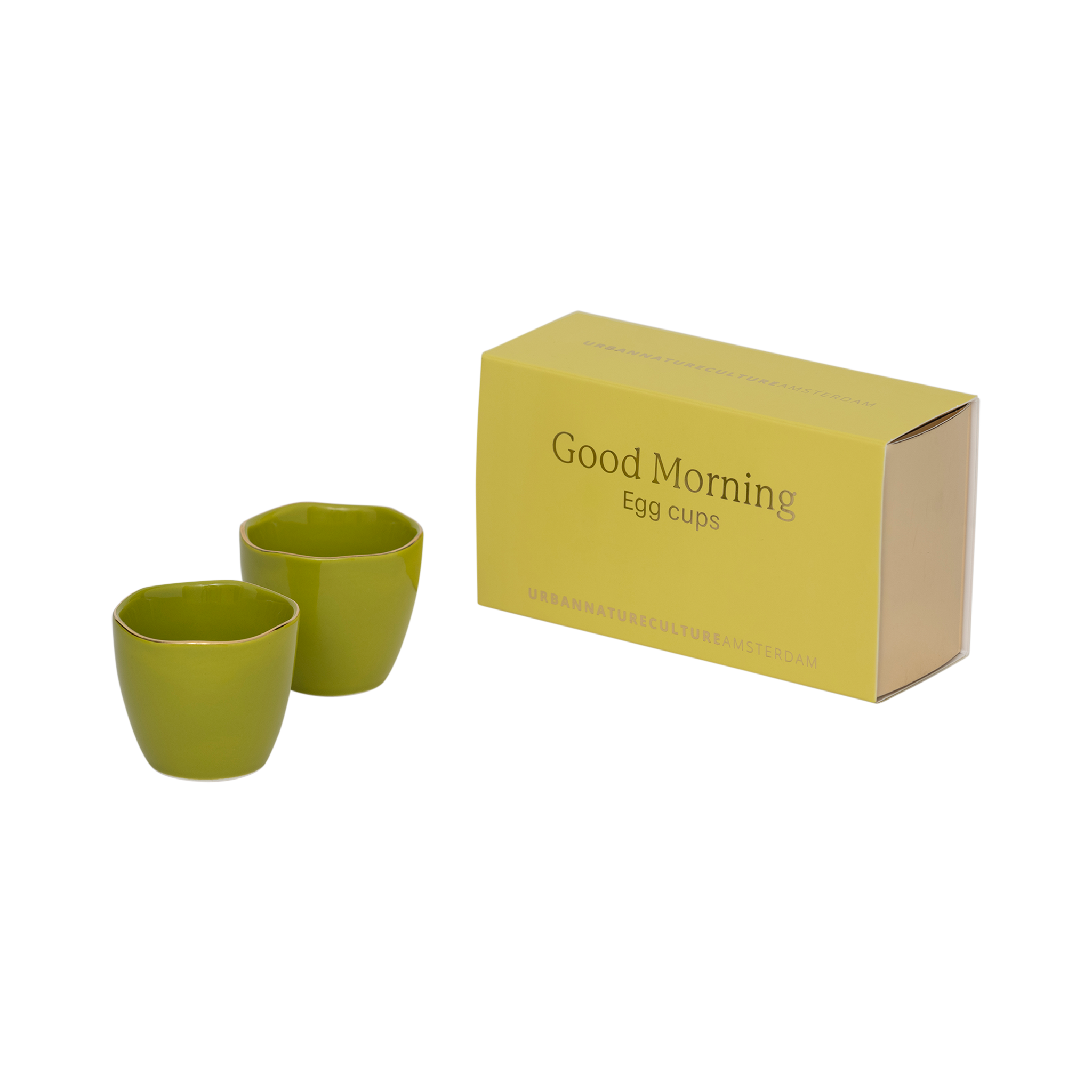 GOOD MORNING green and gold egg cup set