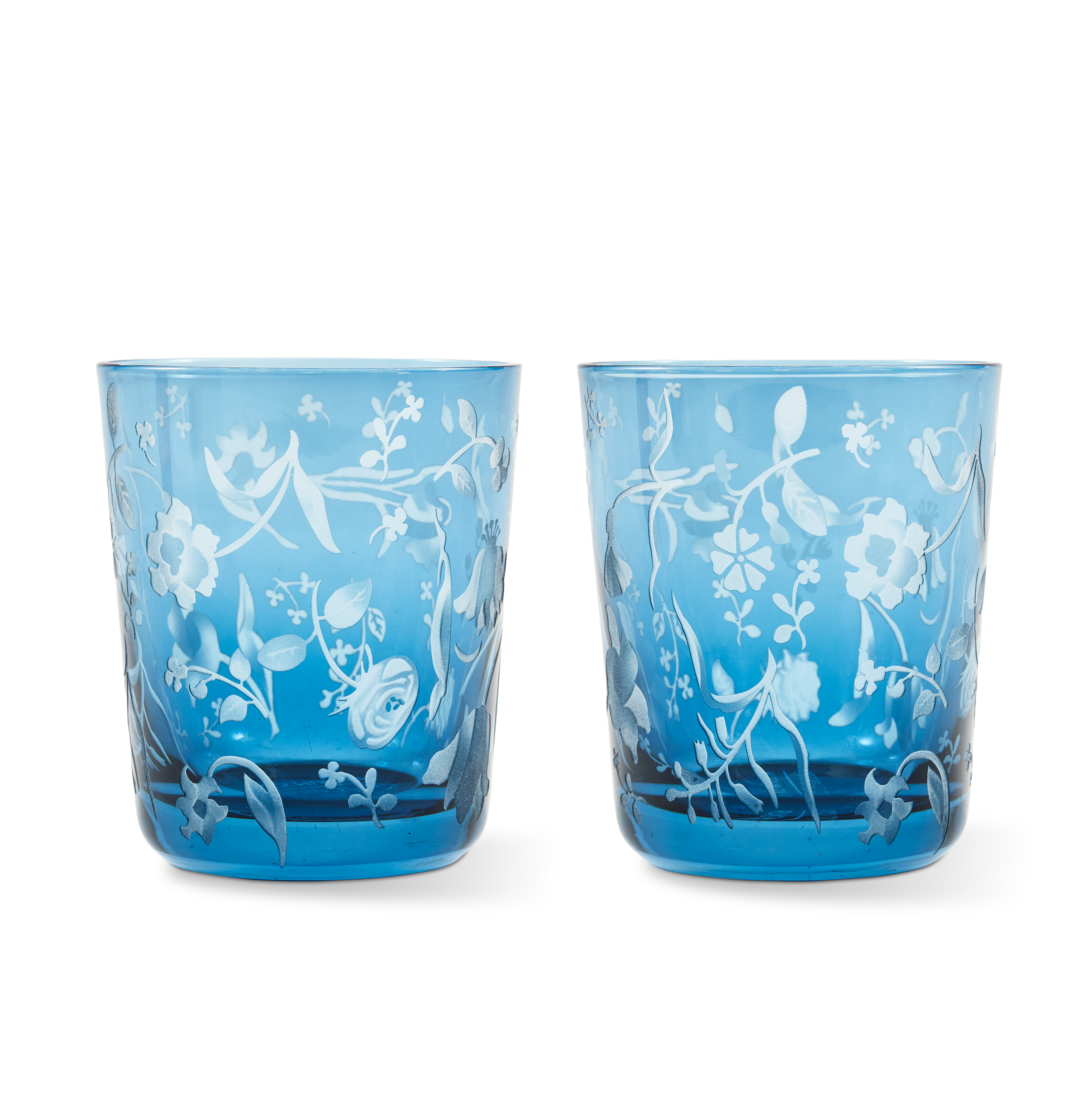 Set of Glasses SCATTERED FLOWERS Blue with Sandblasted Pattern
