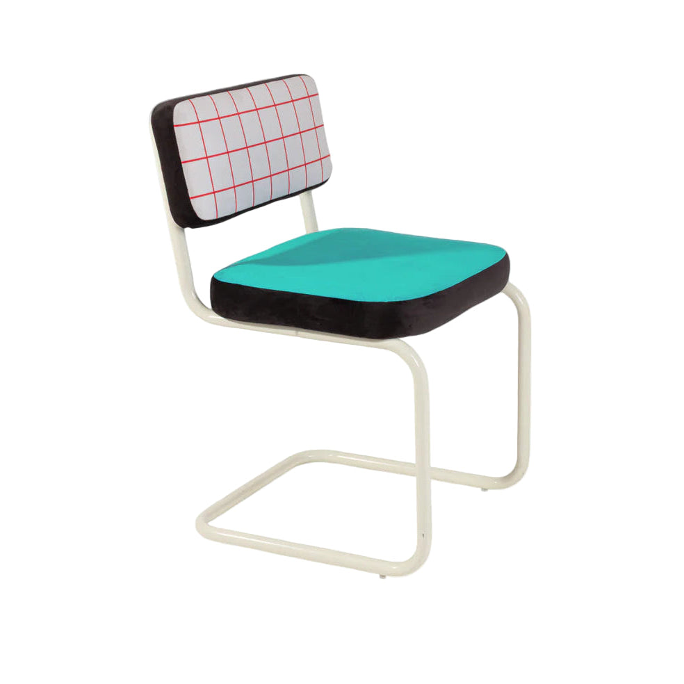 SUPERCHAIR RED GRID turquoise chair with a light yellow base