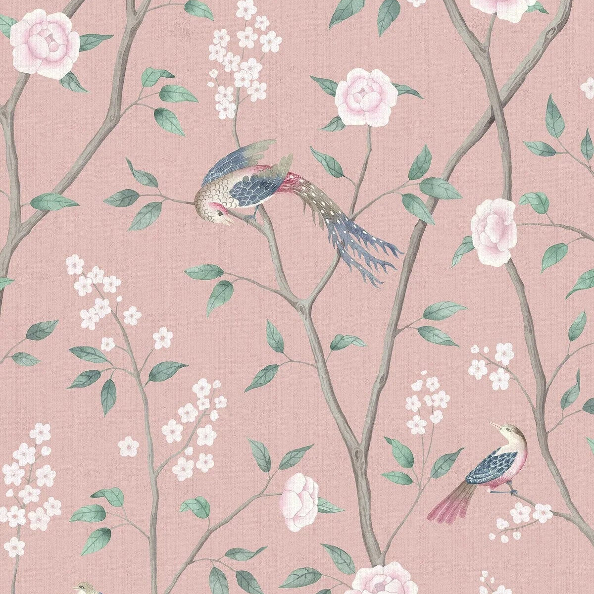 Non-woven paper wallpaper with a botanical pattern PARADISE BIRDS pink with white