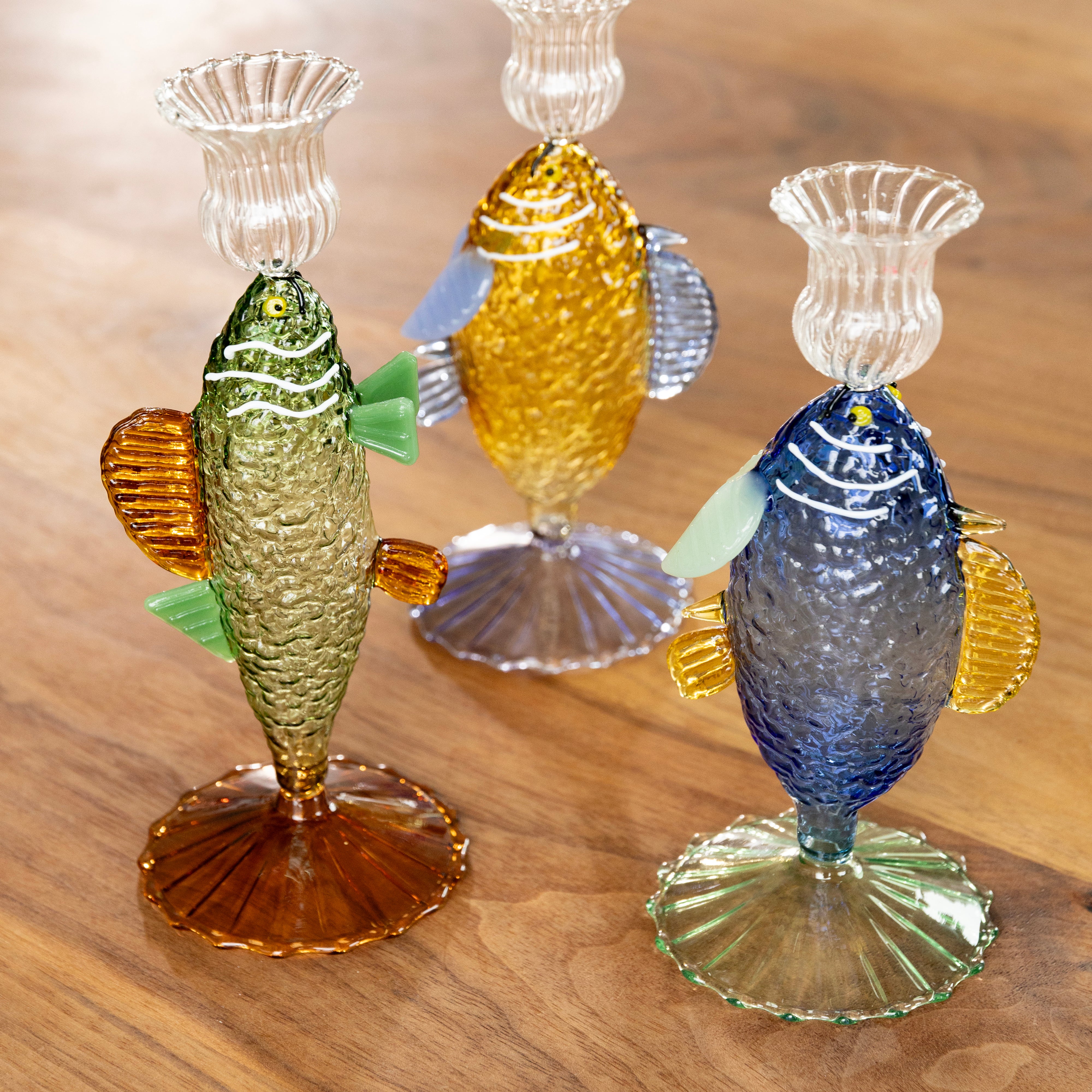 Green Glass Candle Holder FISH with Amber