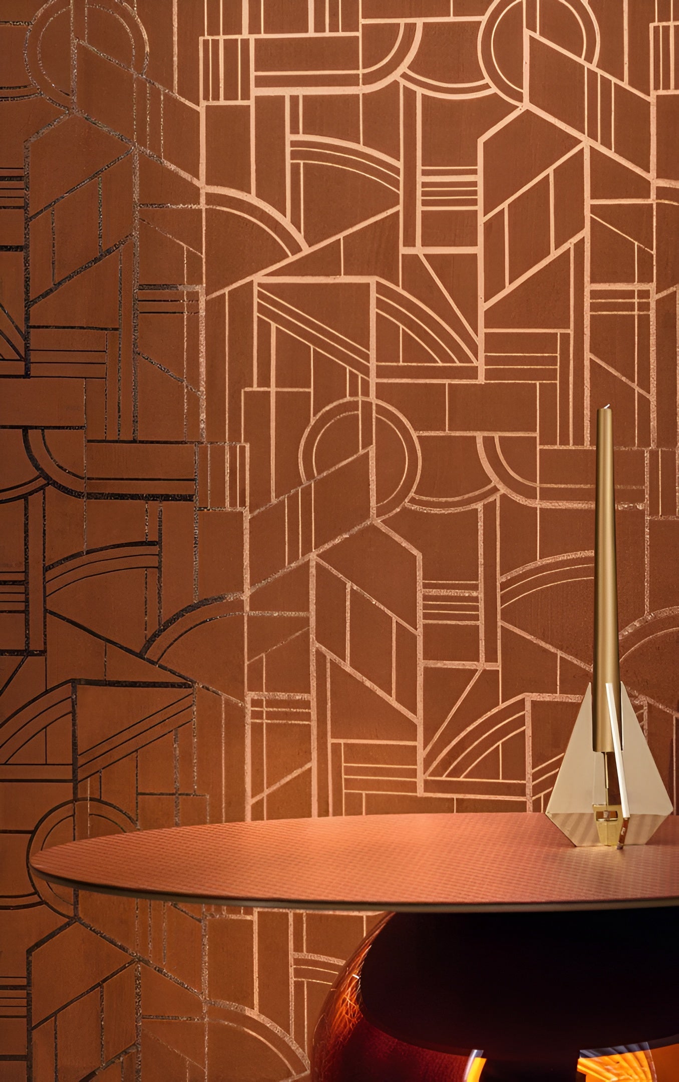 Metallic textile wallpaper with an Art Deco geometric pattern REIMS - NOIR DE LUNE black with gold
