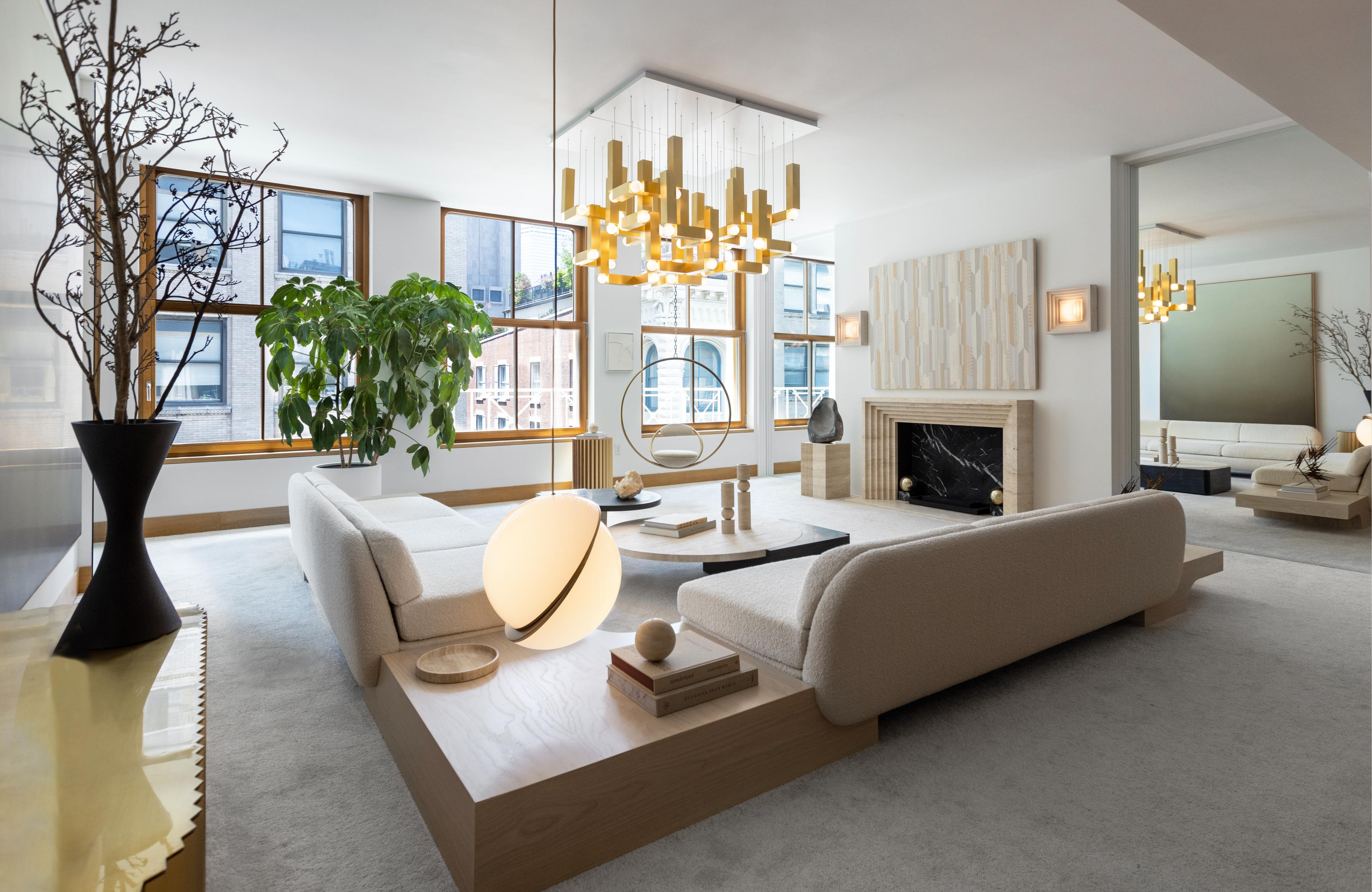 VESPER DUO pendant lamp with an opal shade and gold finish.