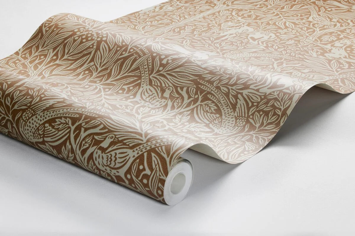 Wallpaper with a plant pattern and forest theme UNDER THE ELDER TREE brown with white