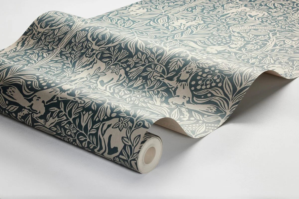 Wallpaper with a botanical pattern and forest theme UNDER THE ELDER TREE navy blue with white