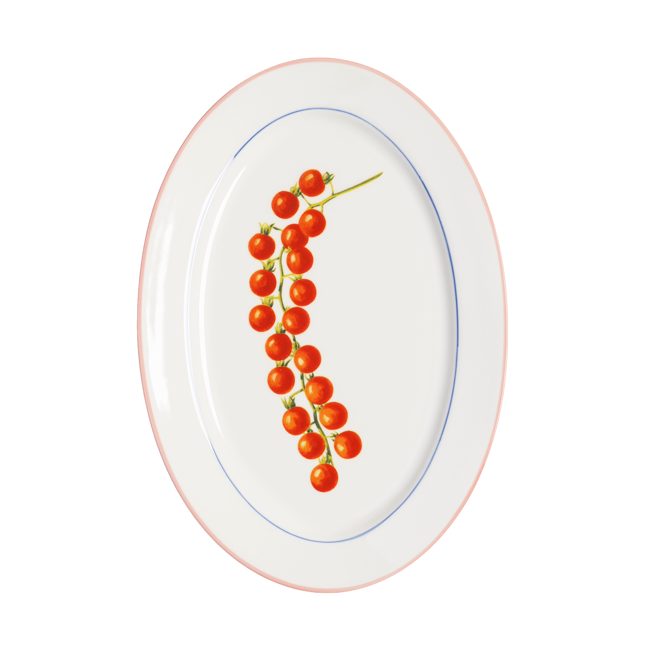 White TOMATO platter with red and blue