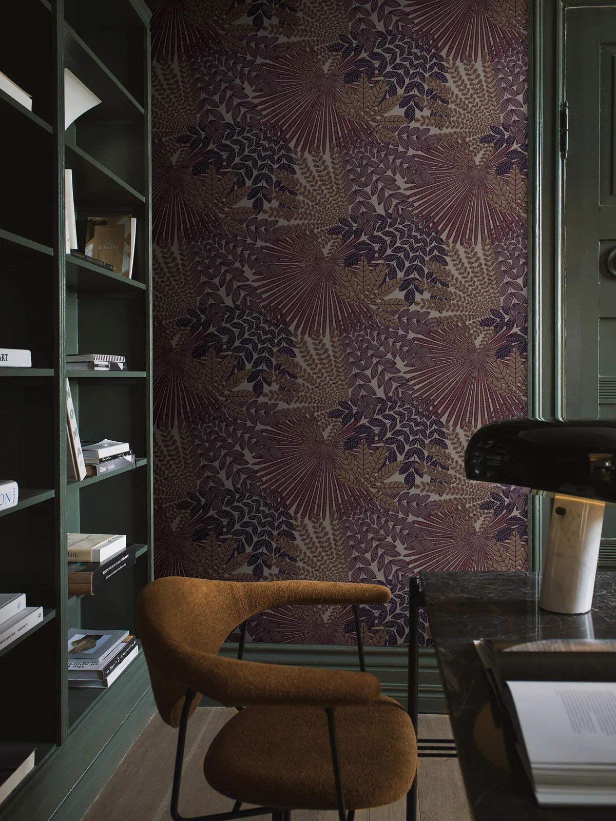 Purple Velvet Leaves Floral Wallpaper with Beige