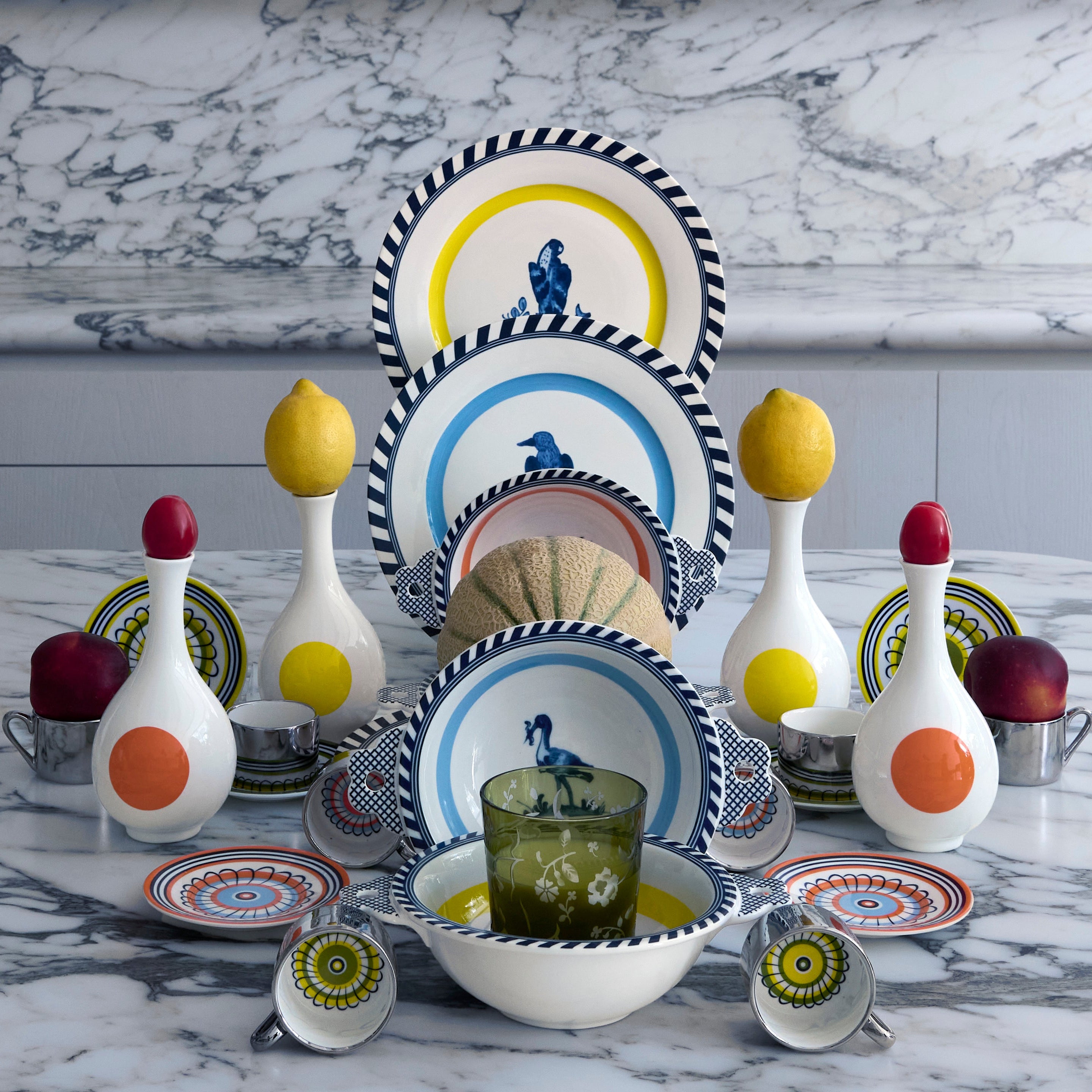 Bird Patterned Plate Set White with Orange and Blue