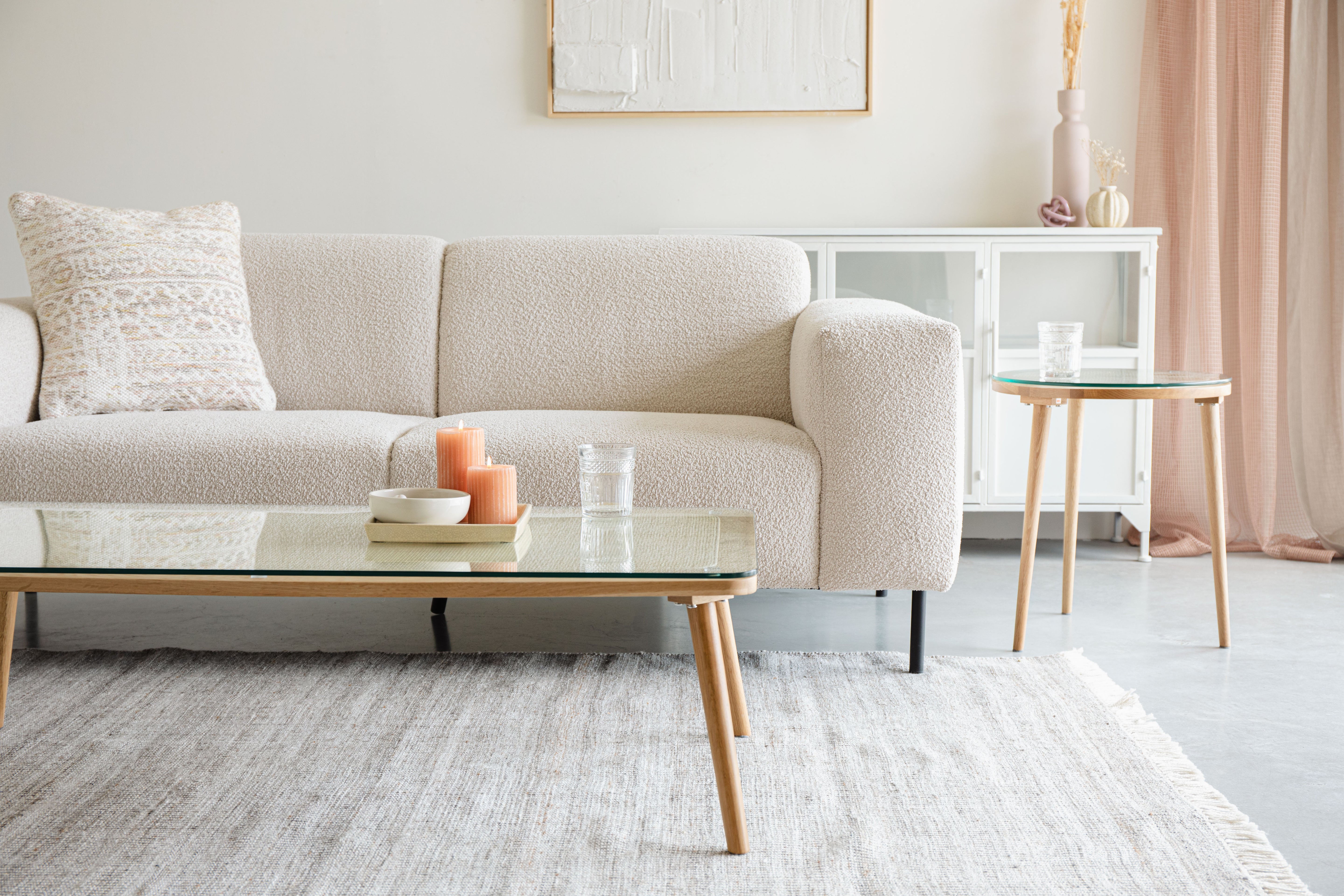 HARU coffee table made of oak wood with a glass top