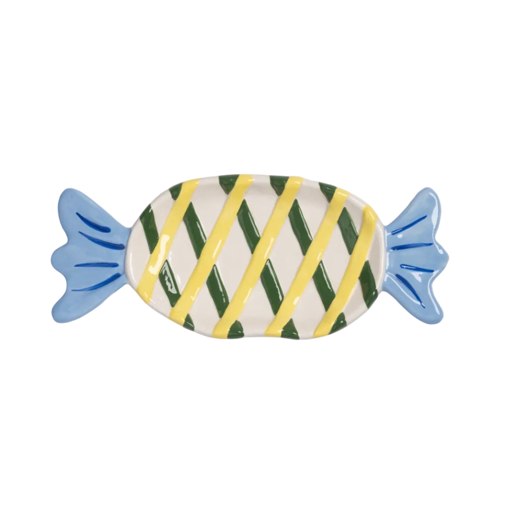 GOODY white platter with yellow and blue