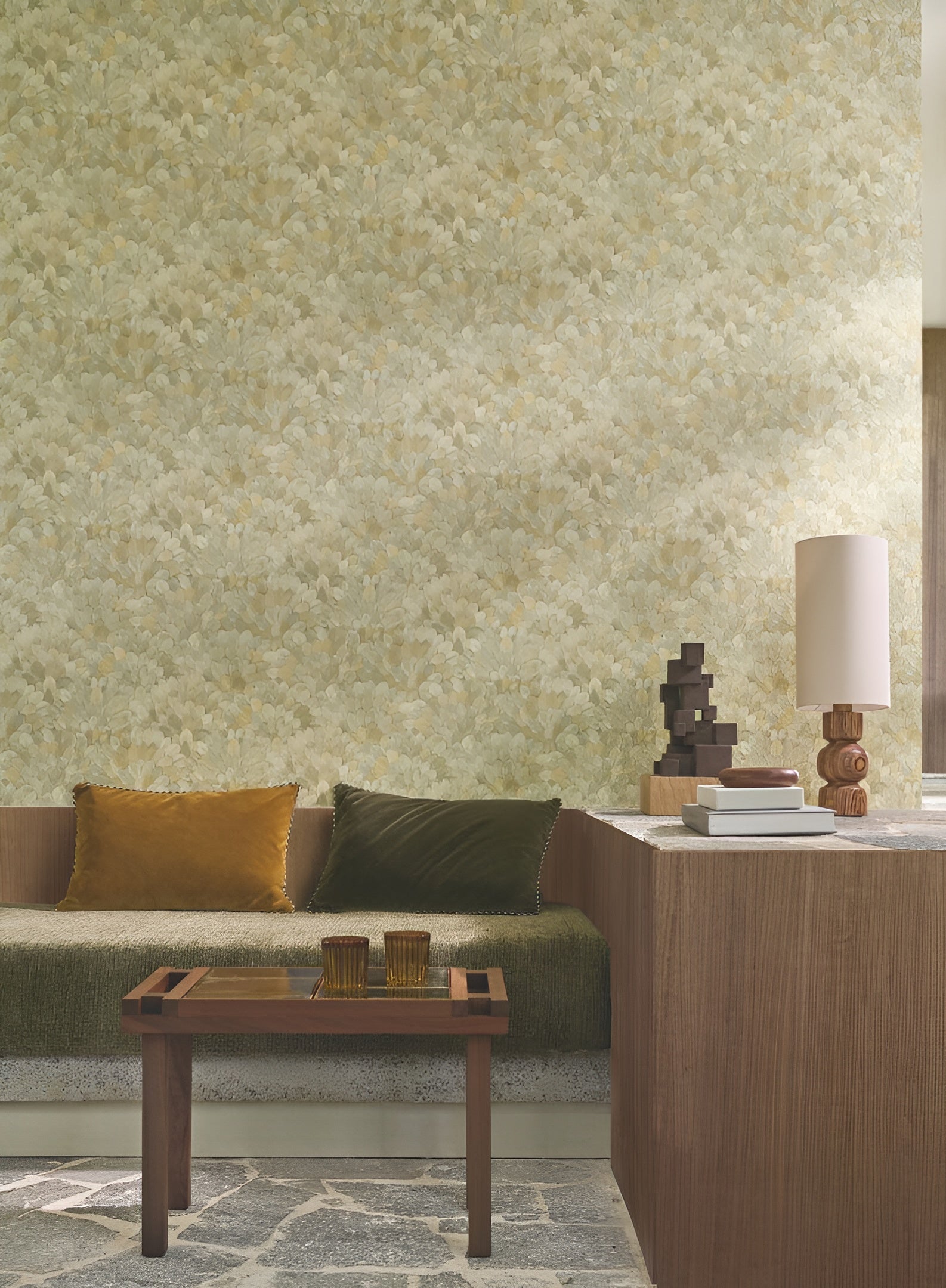 Structural vinyl wallpaper with a plant motif FEIJOA - AMANDE olive