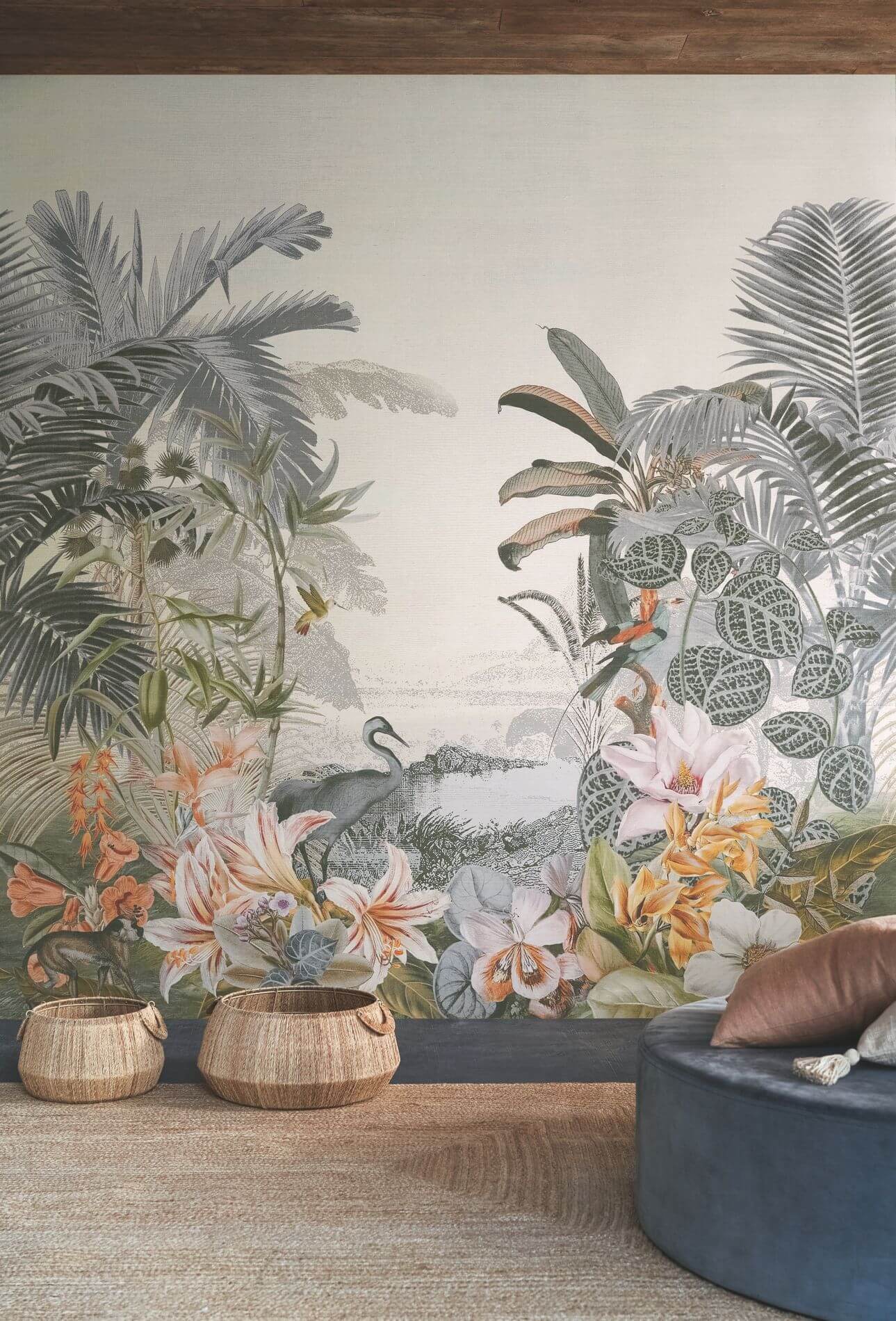 Textile mural with exotic landscape PARAIBA muted blue with beige