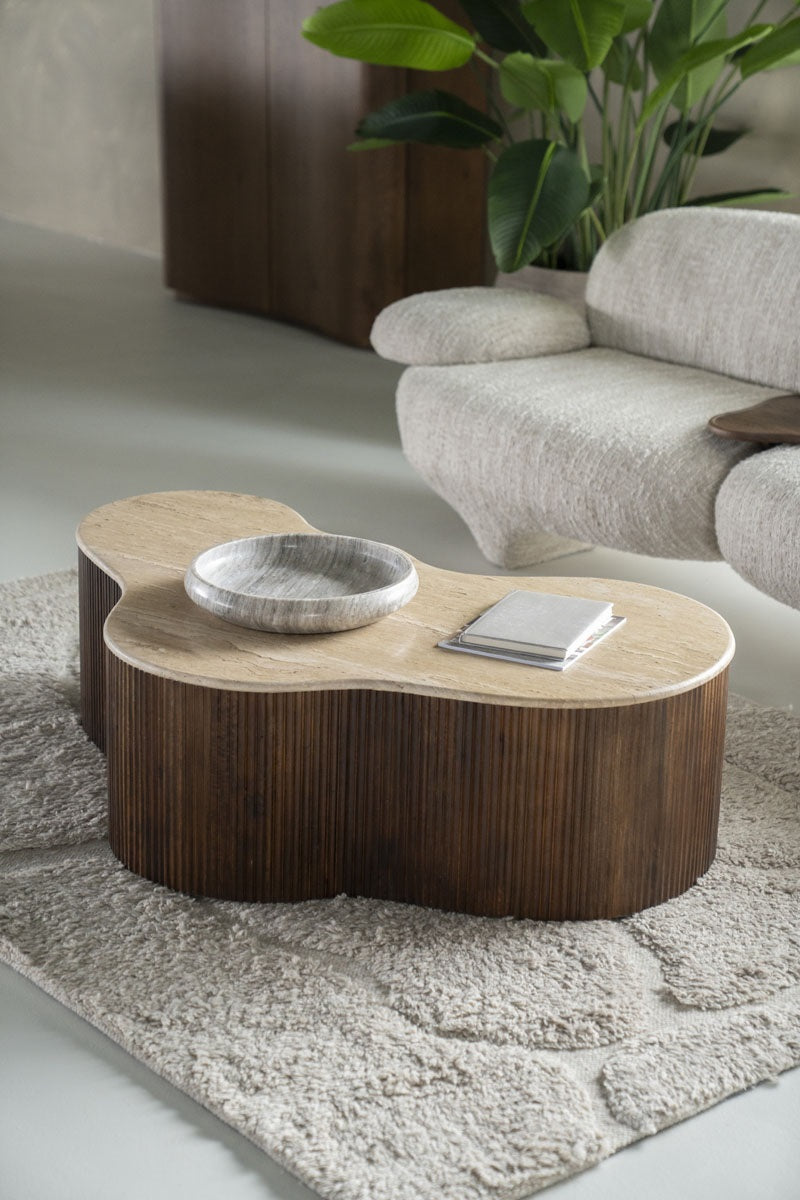 MARI coffee table made of mango wood with a travertine top