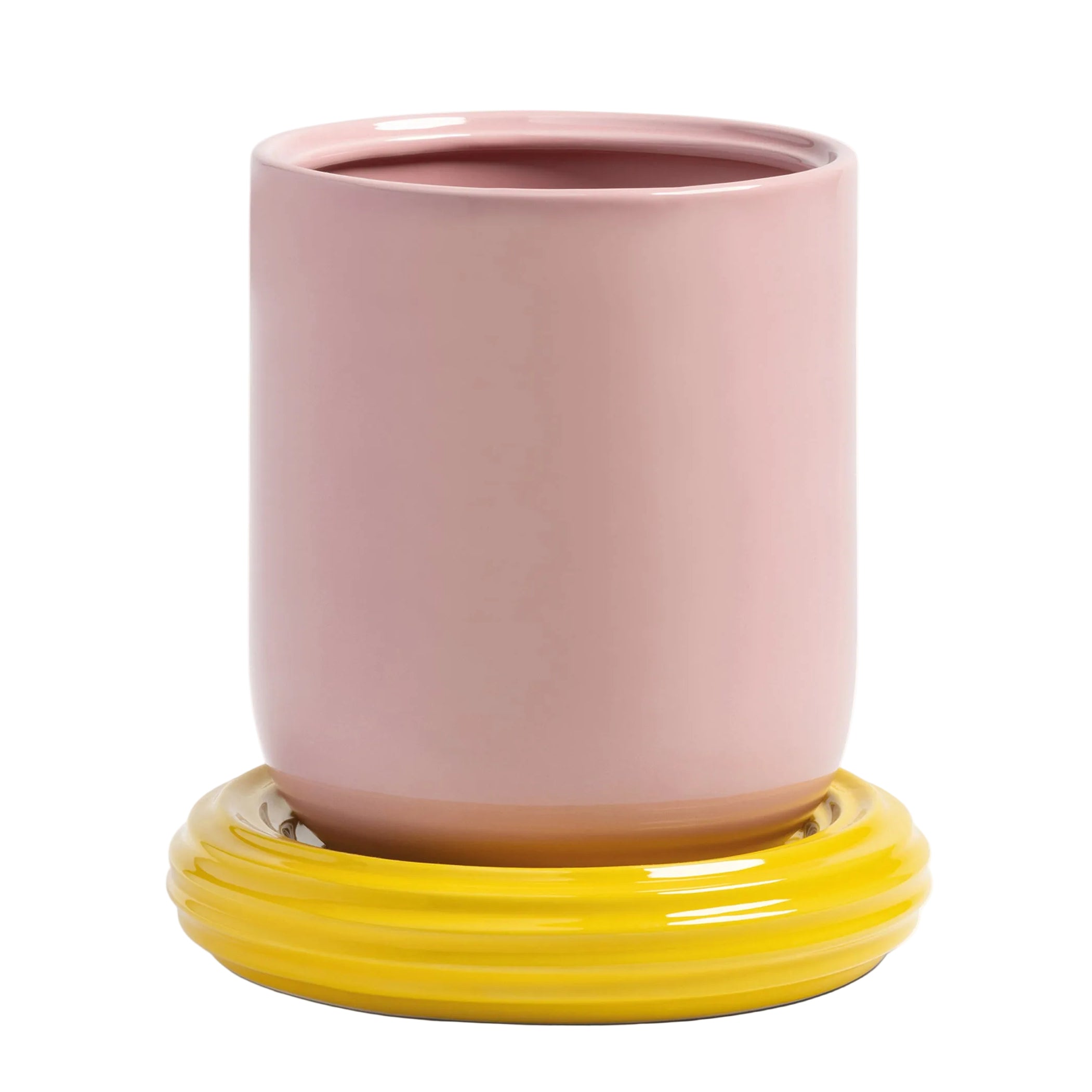 CHURROS pot in pink with a yellow saucer