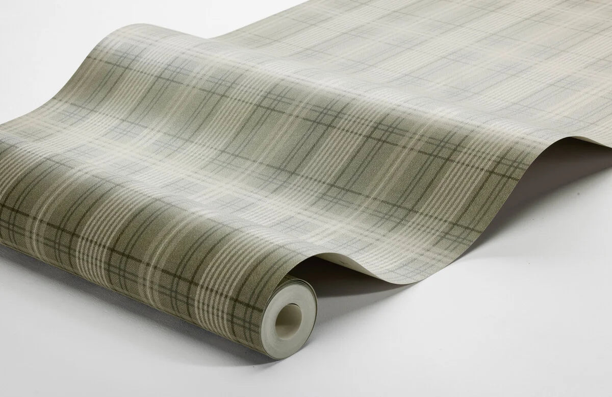 Tapete mit geometrischem Muster in schottischem Karomuster TAILOR’S TWEED gedämpftes Grün mit Beige