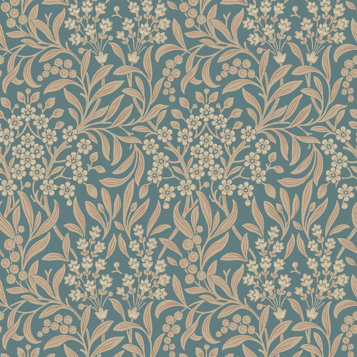 Non-woven paper wallpaper with a plant pattern KRYDDHYLLAN blue with beige