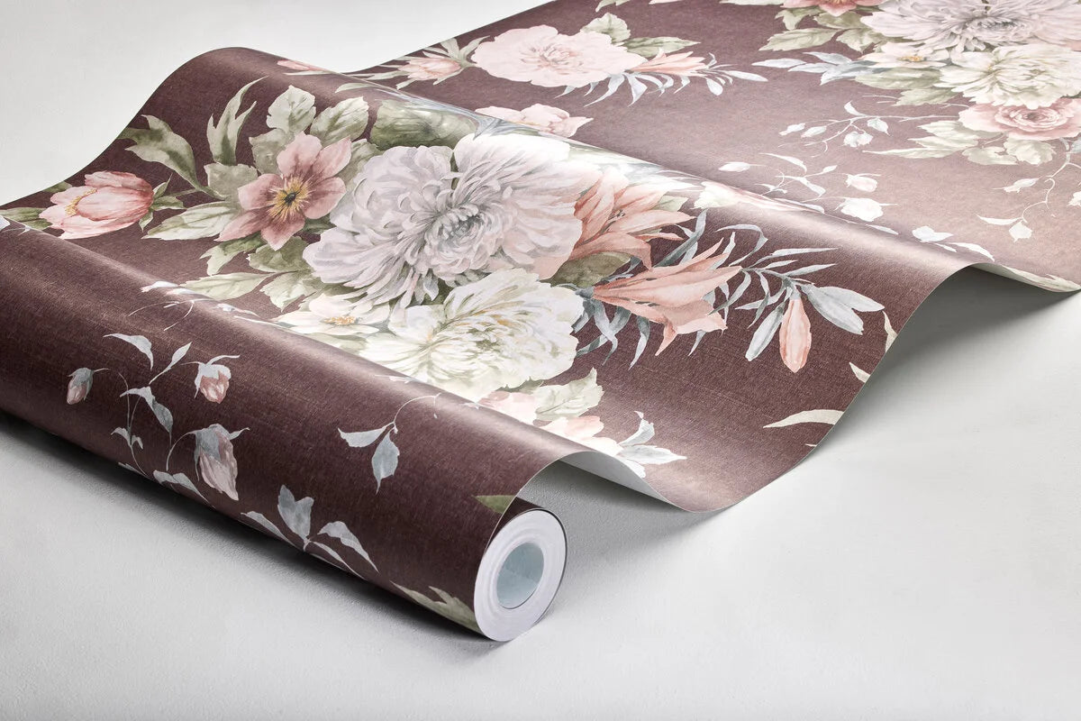 Non-woven paper wallpaper with a floral pattern FLORAL CHARM burgundy with white