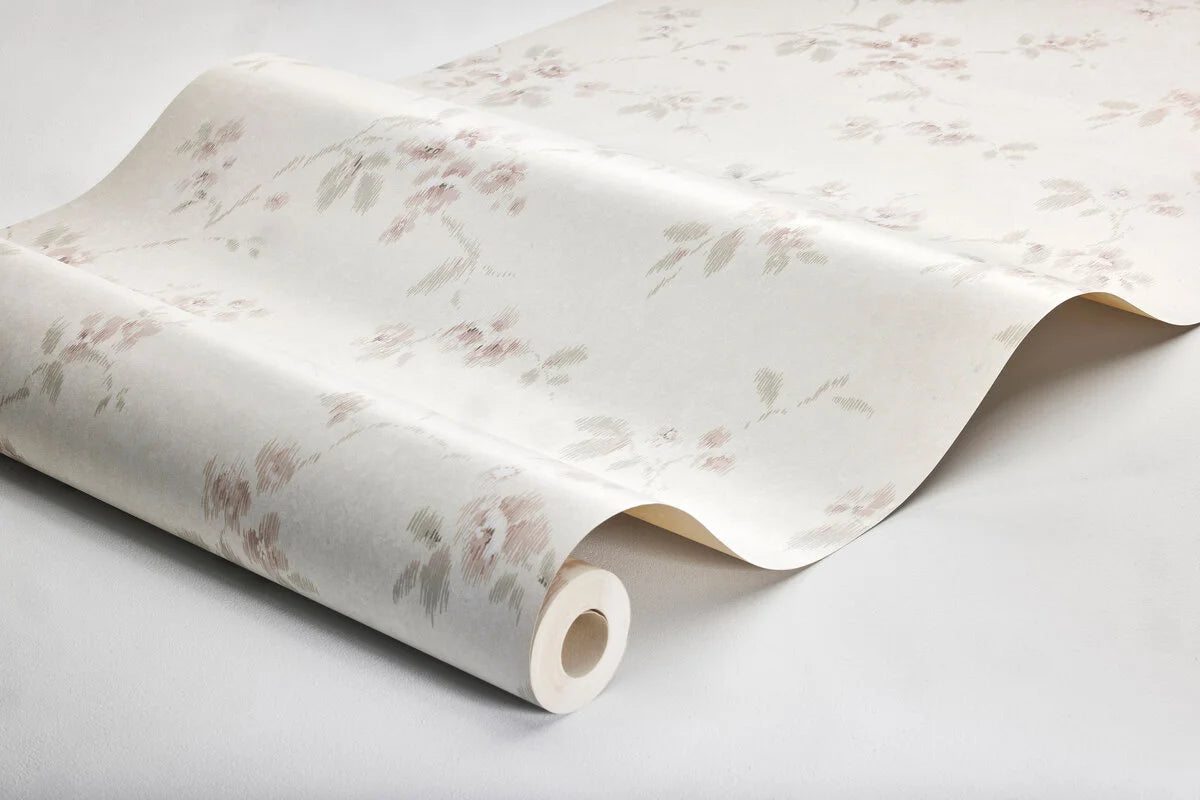 Non-woven paper wallpaper with a floral pattern VINTAGE ROSE in off-white with pink