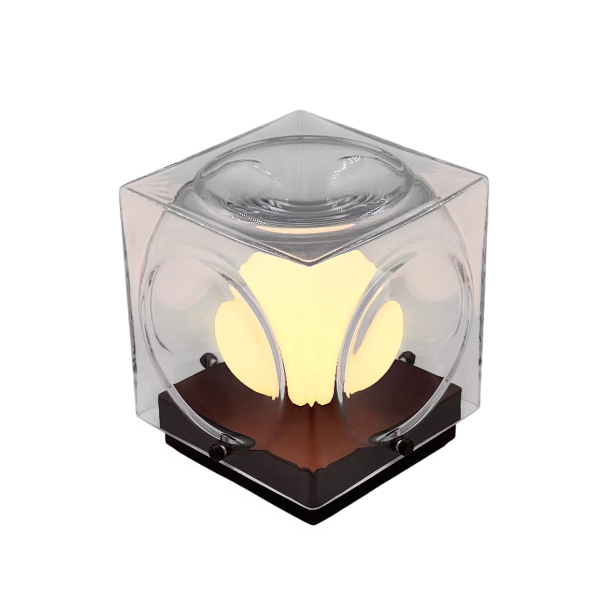 Portable lamp CHANT with a glass shade and a brown base.