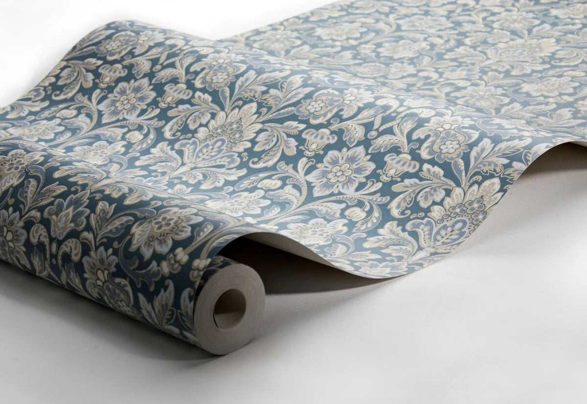 Non-woven paper wallpaper with a floral pattern FOGLAVIK blue with cream