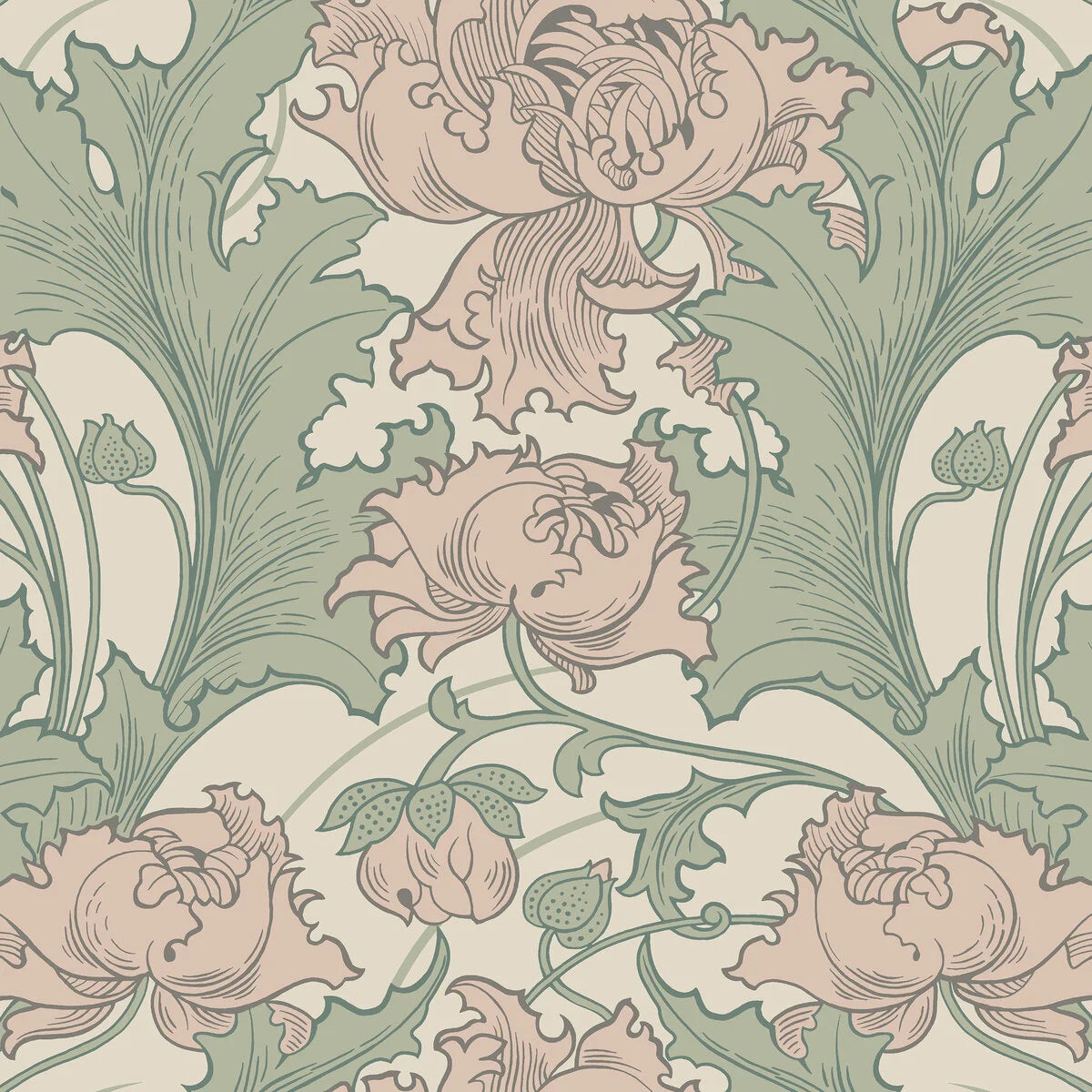 Non-woven paper wallpaper with a floral pattern SIRI in pastel pink with beige and green