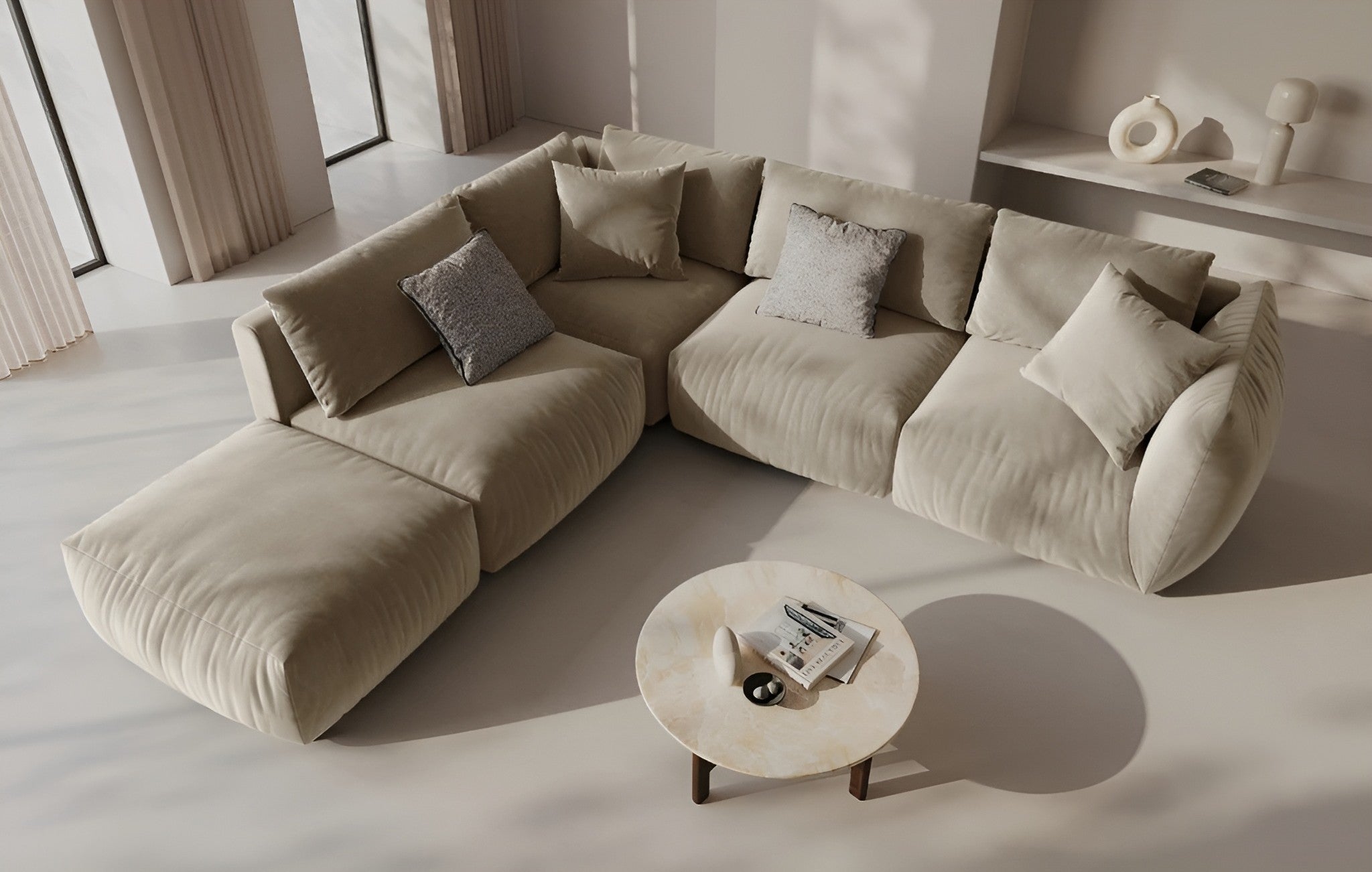 Modulares Samtsofa CHRIS - linkes Element in Sandfarbe