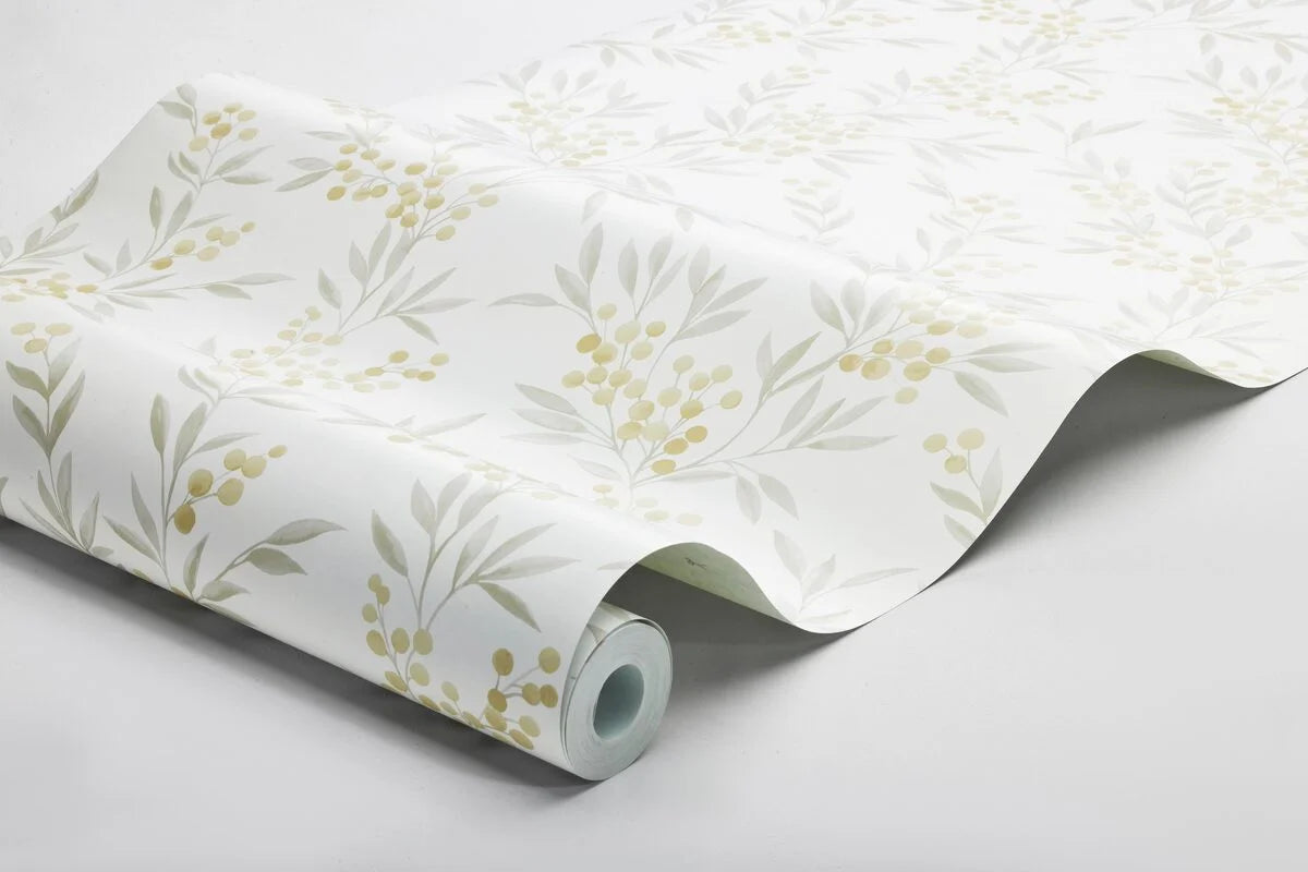 Forest Berries Floral Wallpaper in White and Gray