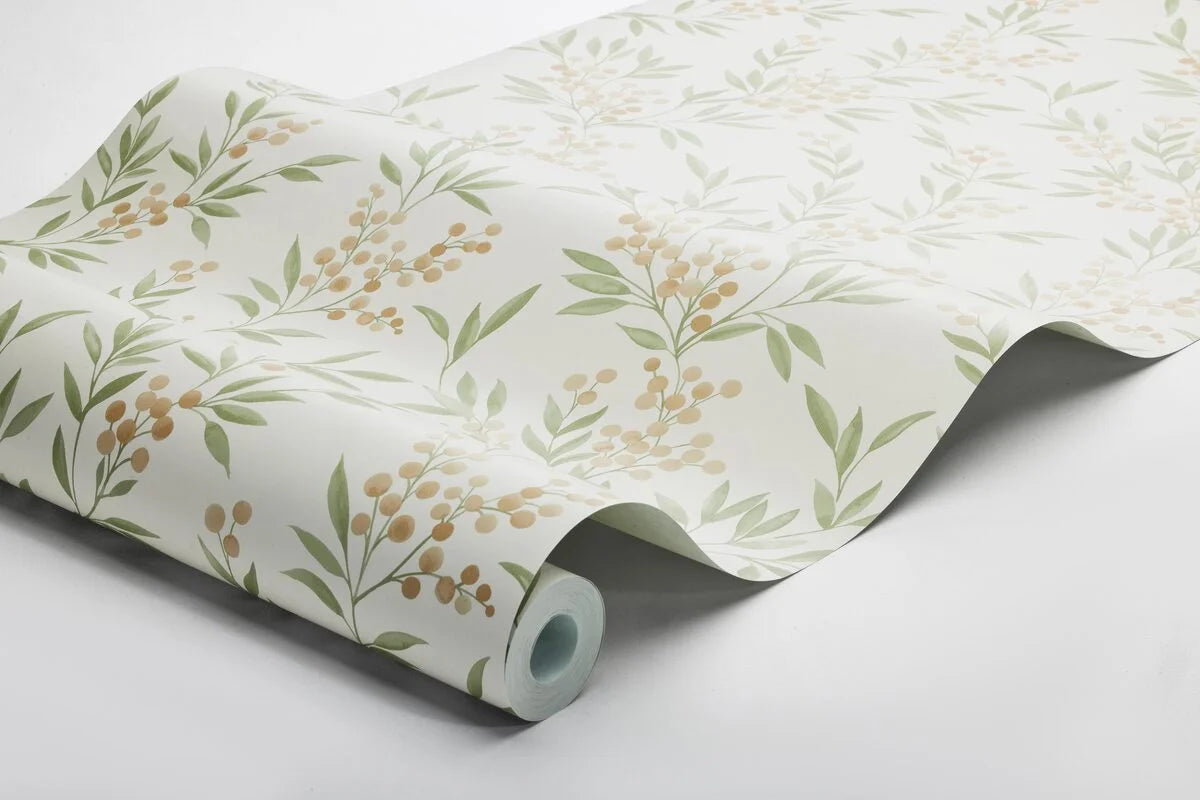 Forest Berries Plant Motif Wallpaper in Beige and Green