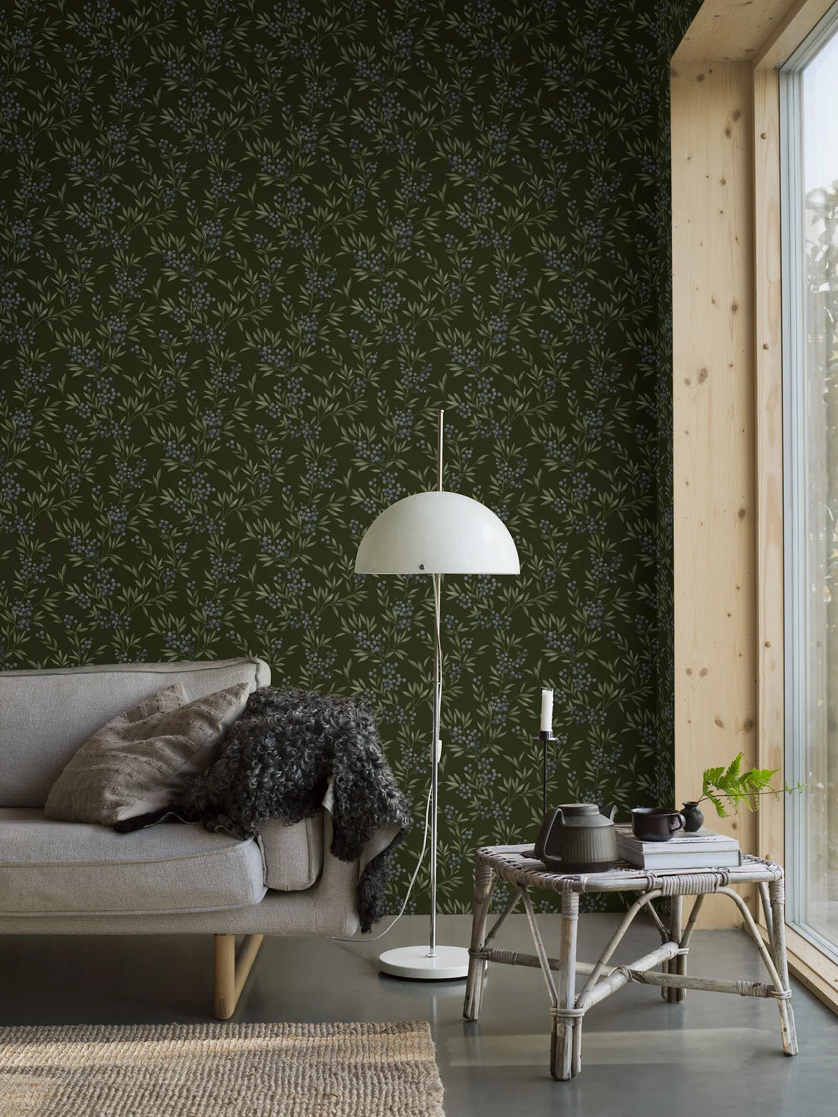 Forest Berries Green and Blue Floral Wallpaper