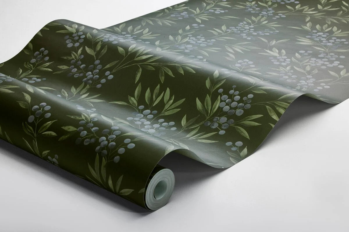 Forest Berries Green and Blue Floral Wallpaper