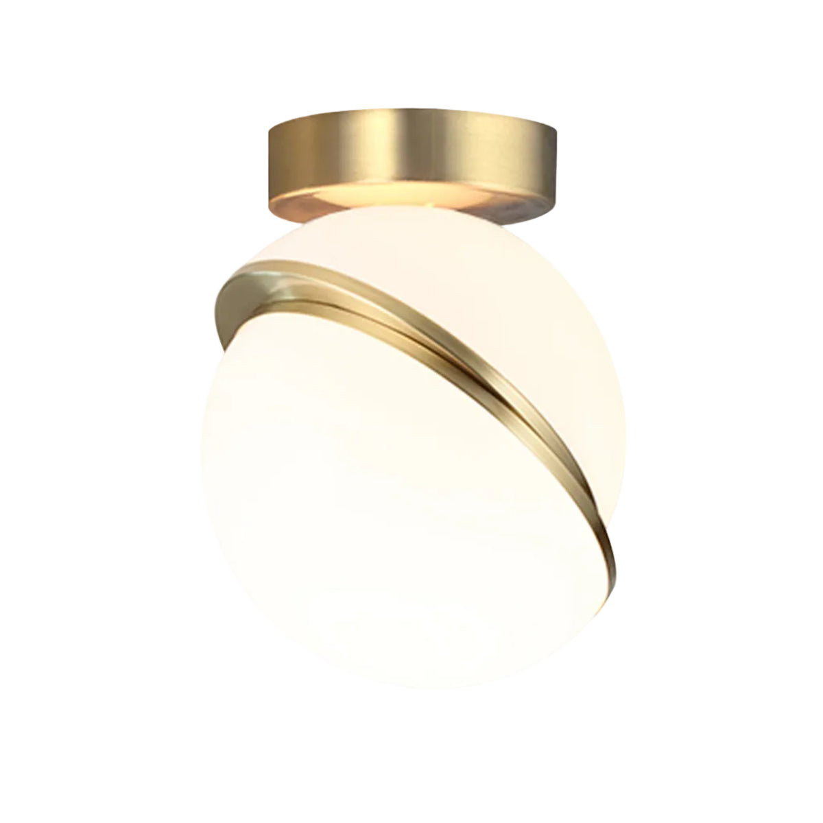 CRESCENT ceiling lamp with an opal shade and brass accents.