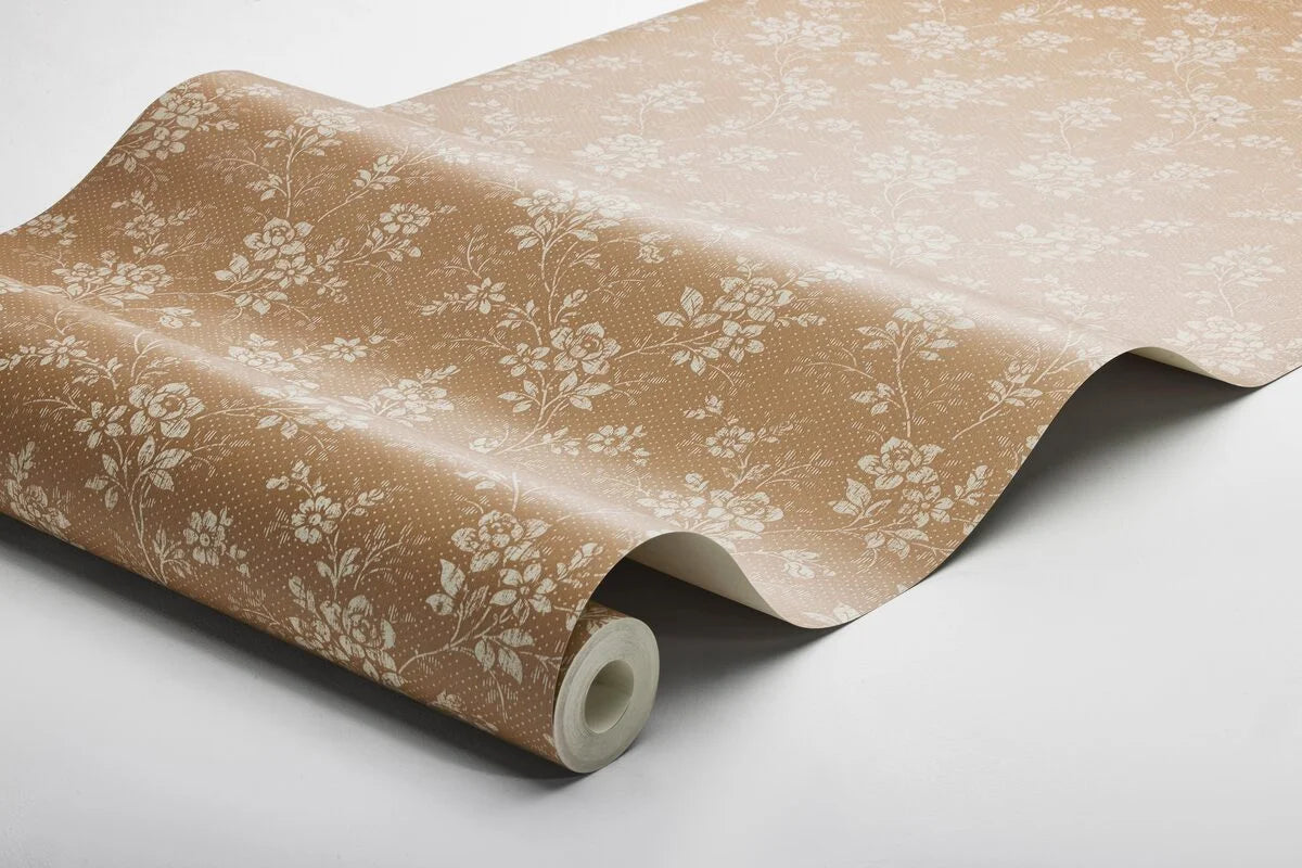Brown HIP ROSE floral pattern wallpaper with beige