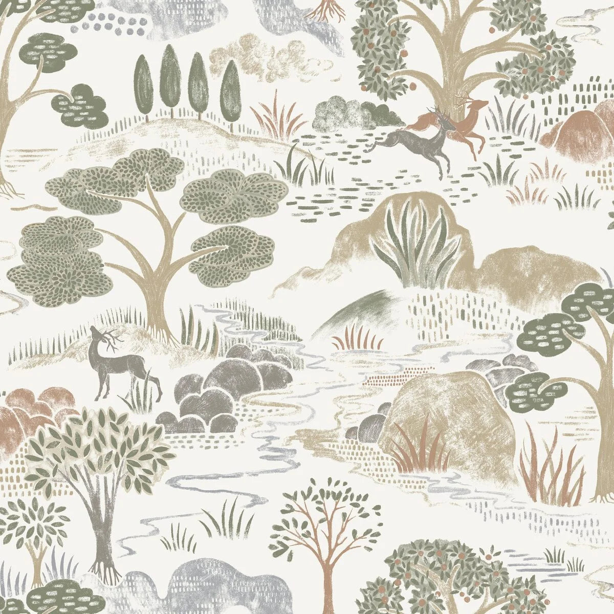 DIANA White and Green Botanical Landscape Wallpaper