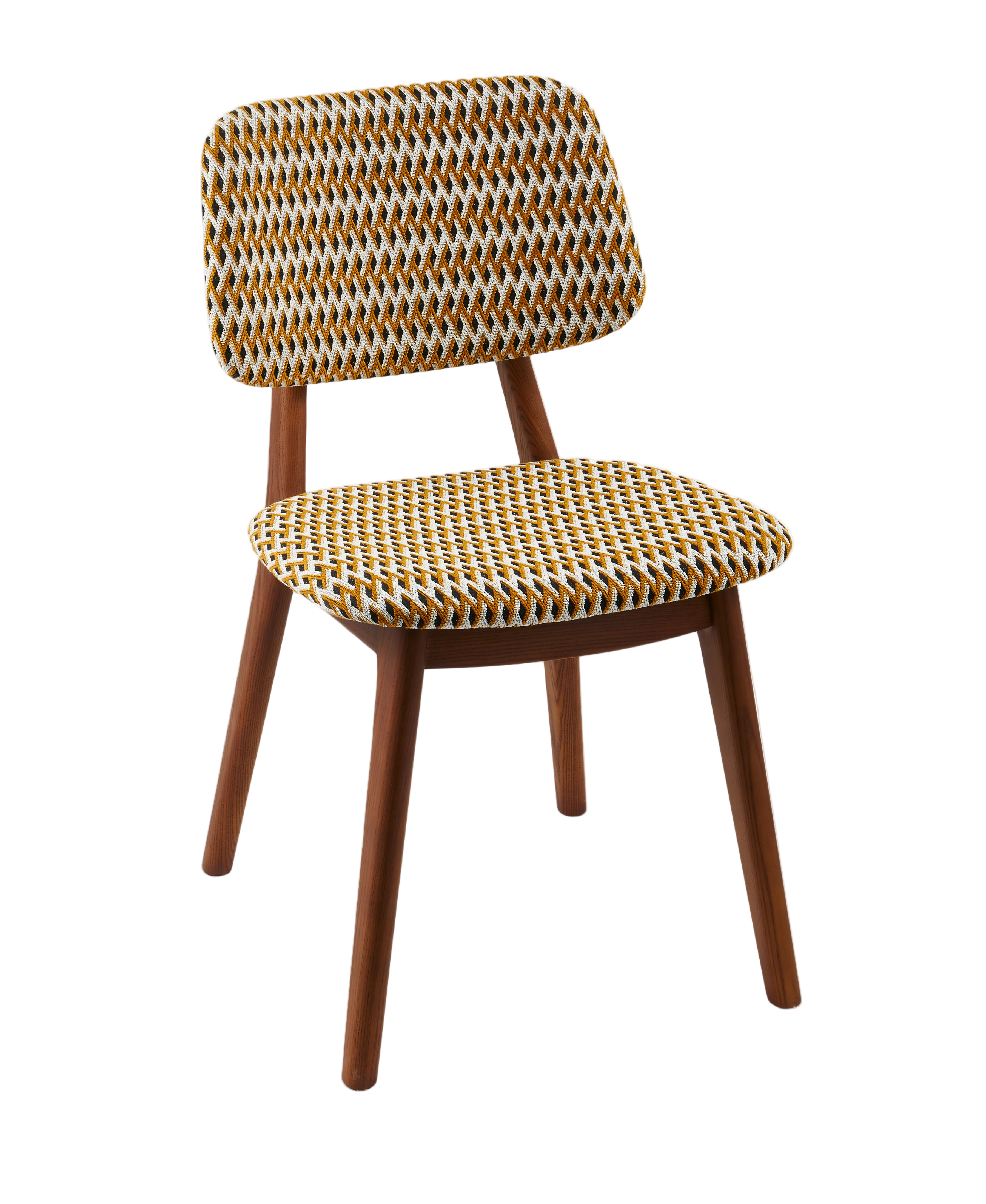 HAPPY DAYS chair in ochre with geometric patterns and wooden base