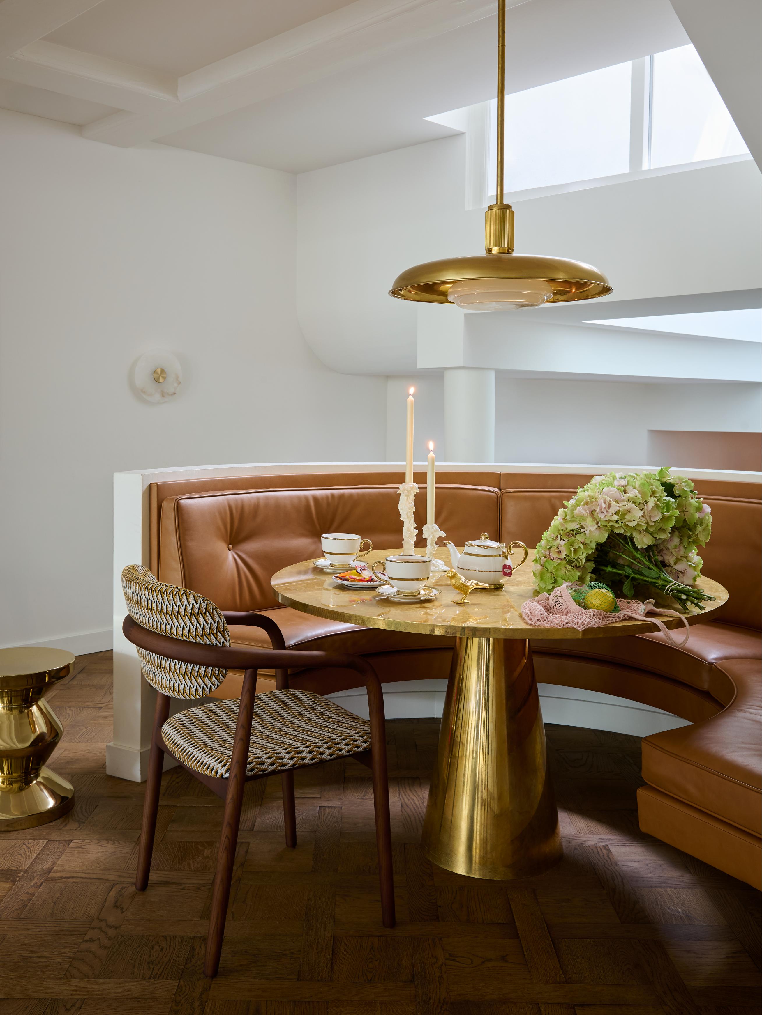 HENRY Armchair in Orchid with Geometric Pattern and Wooden Base