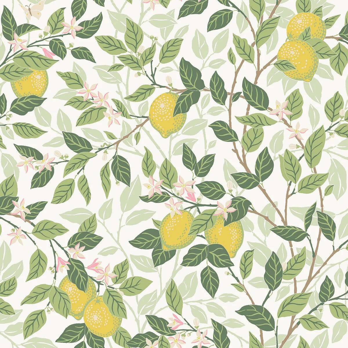 Non-woven paper wallpaper with a plant pattern CITRONTRÄD white with green