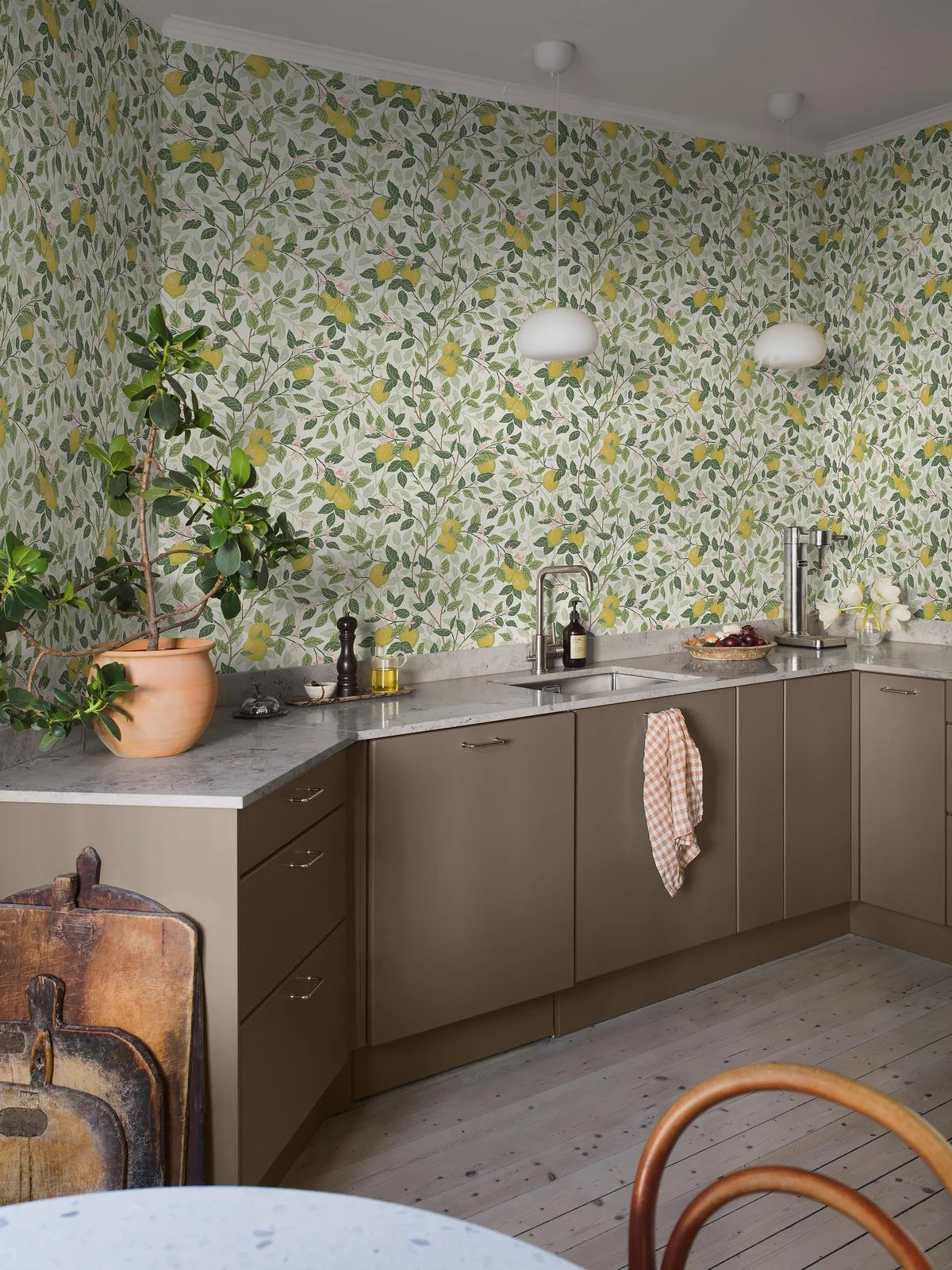 Non-woven paper wallpaper with a plant pattern CITRONTRÄD white with green