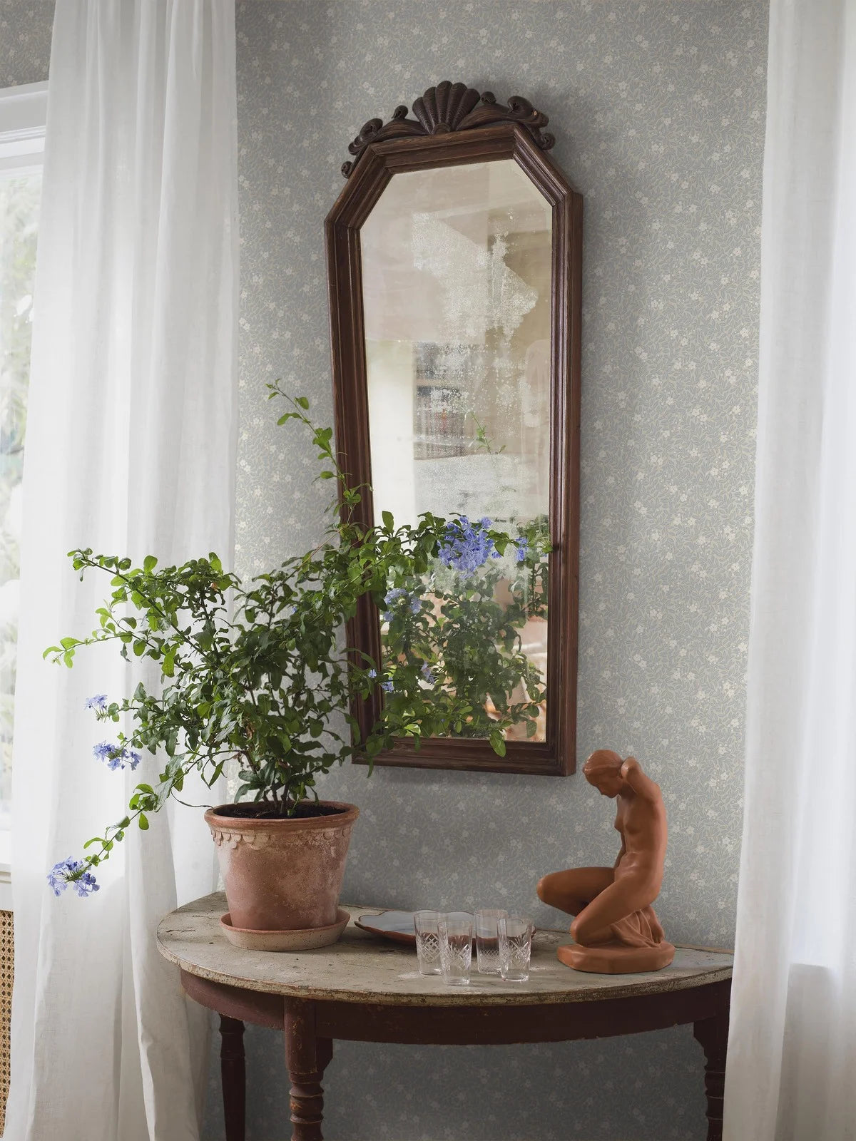 Myrtle Floral Pattern Wallpaper in Muted Blue with White