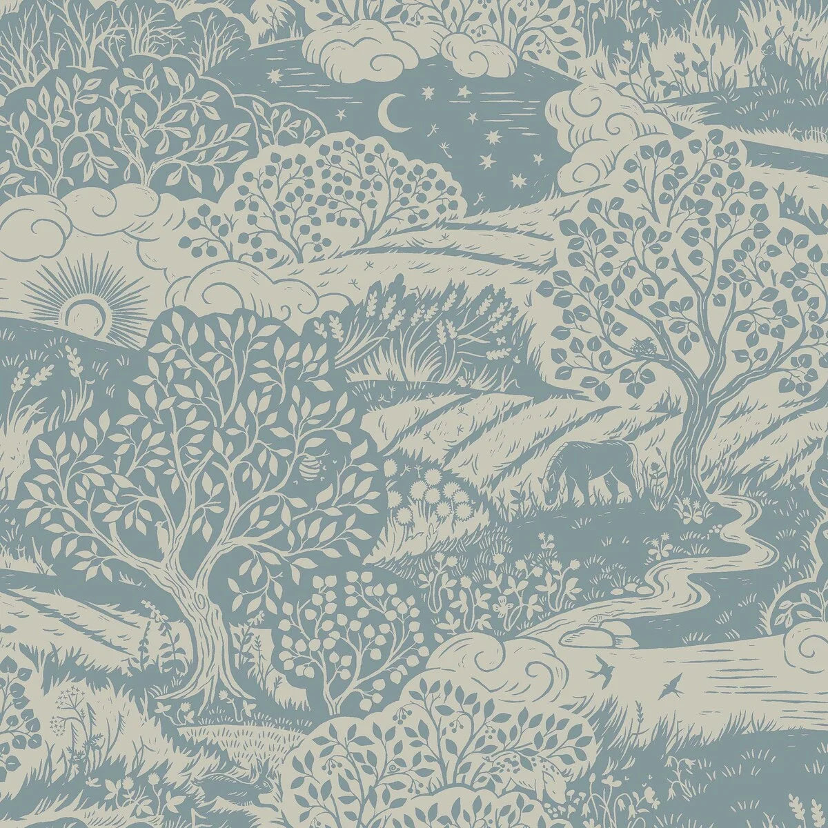 Children's wallpaper with SOLANGEN landscape in blue and beige
