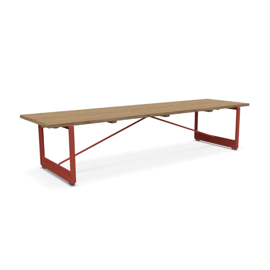 BRUT bench made of oak wood with a red base