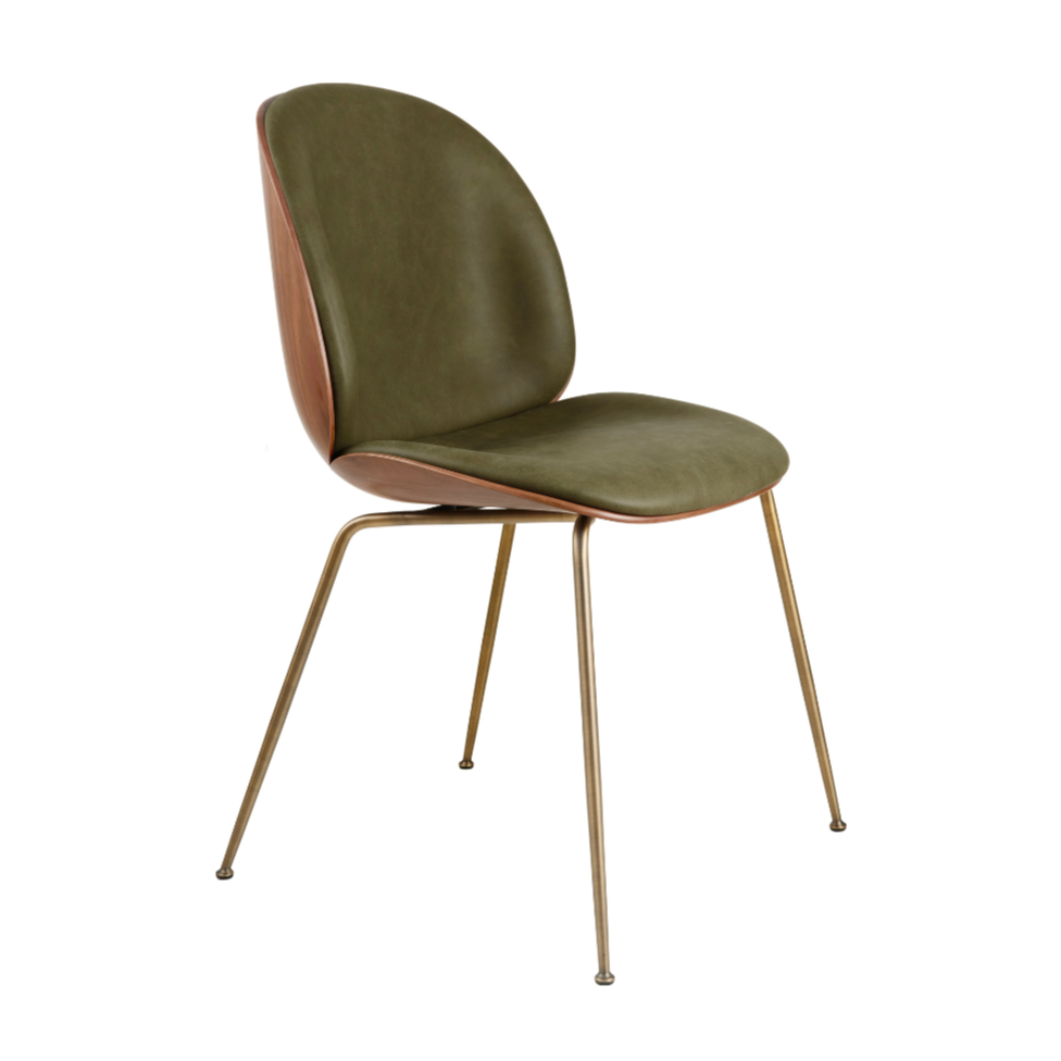BEETLE upholstered chair with walnut wood and brass base