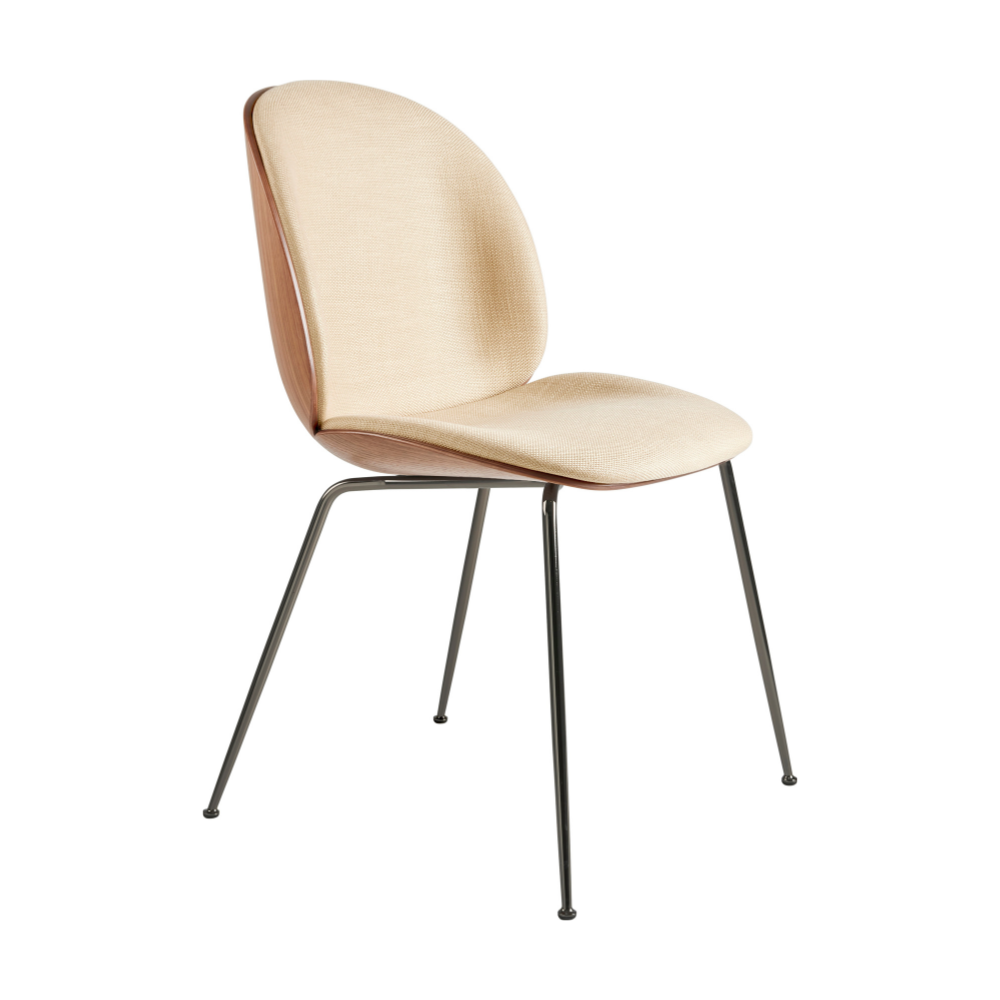 BEETLE upholstered chair with walnut wood and black chrome base