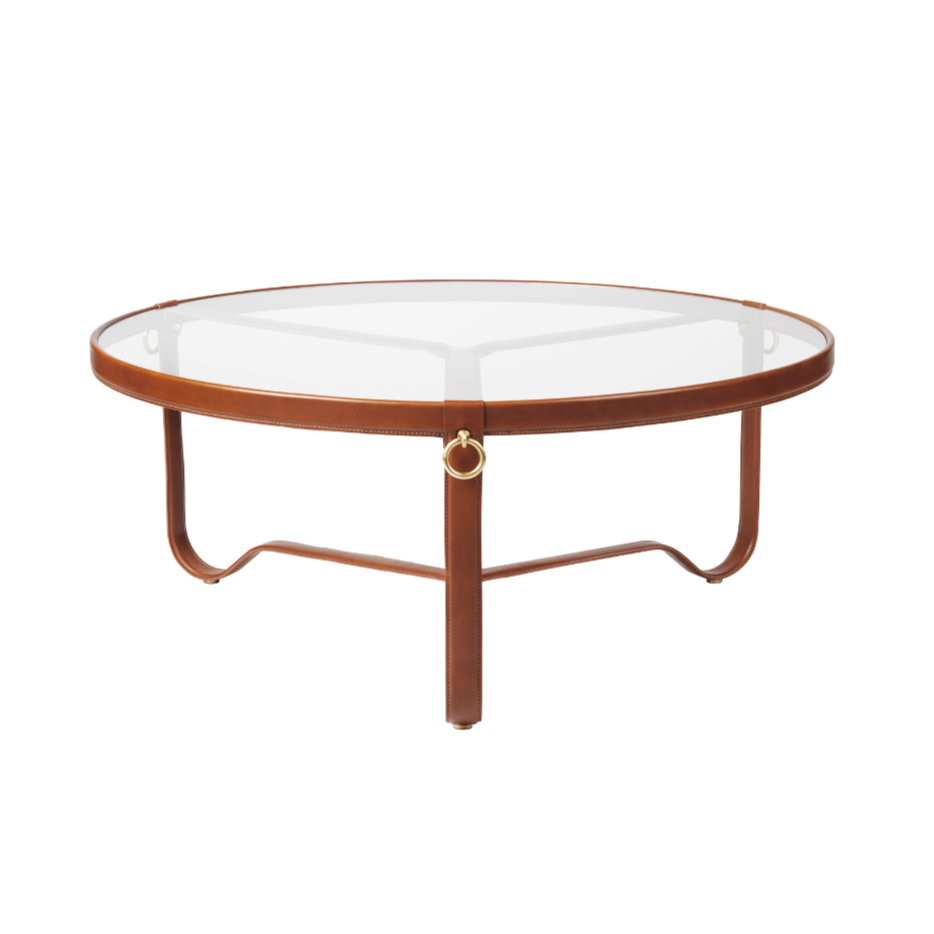 ADNET coffee table glass and brown leather