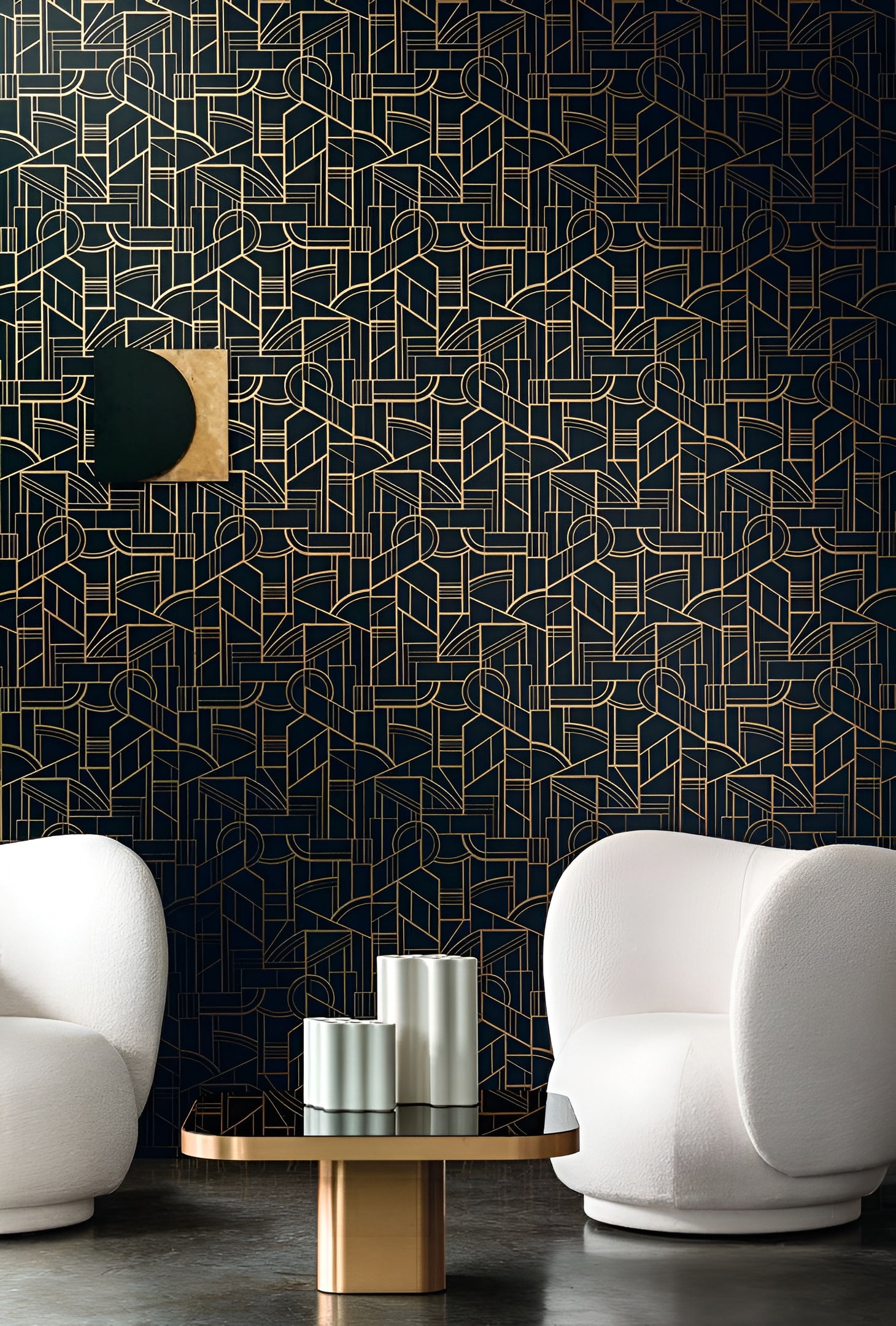 Metallic textile wallpaper with an Art Deco geometric pattern REIMS - NOIR DE LUNE black with gold