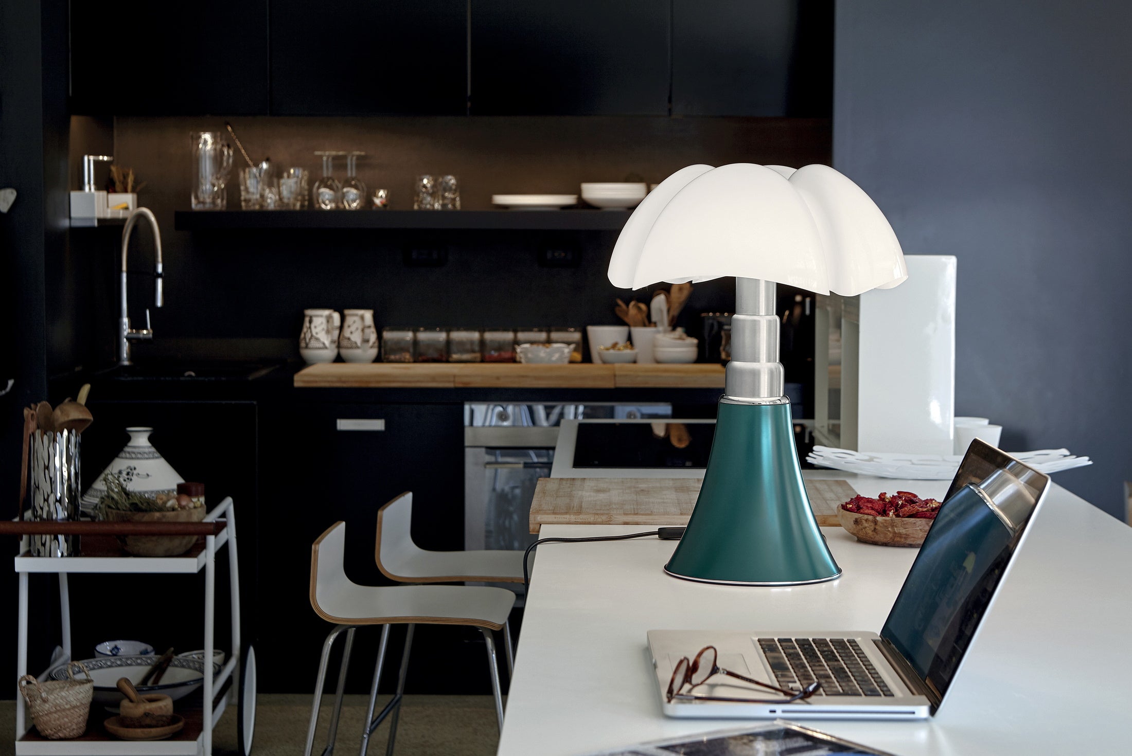 Pipistrello Medium Table Lamp with Opal Shade and Dark Green Base
