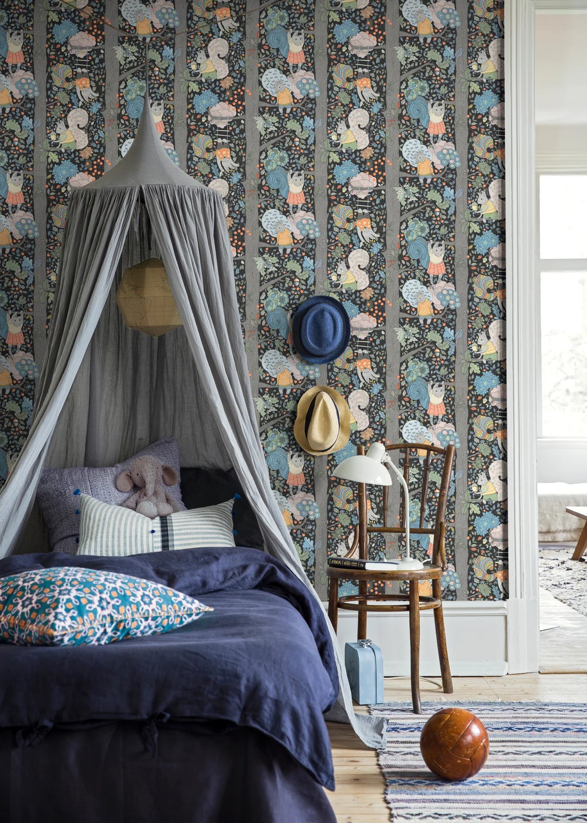 Children's wallpaper with a fairy tale forest theme CHARLIE black with blue