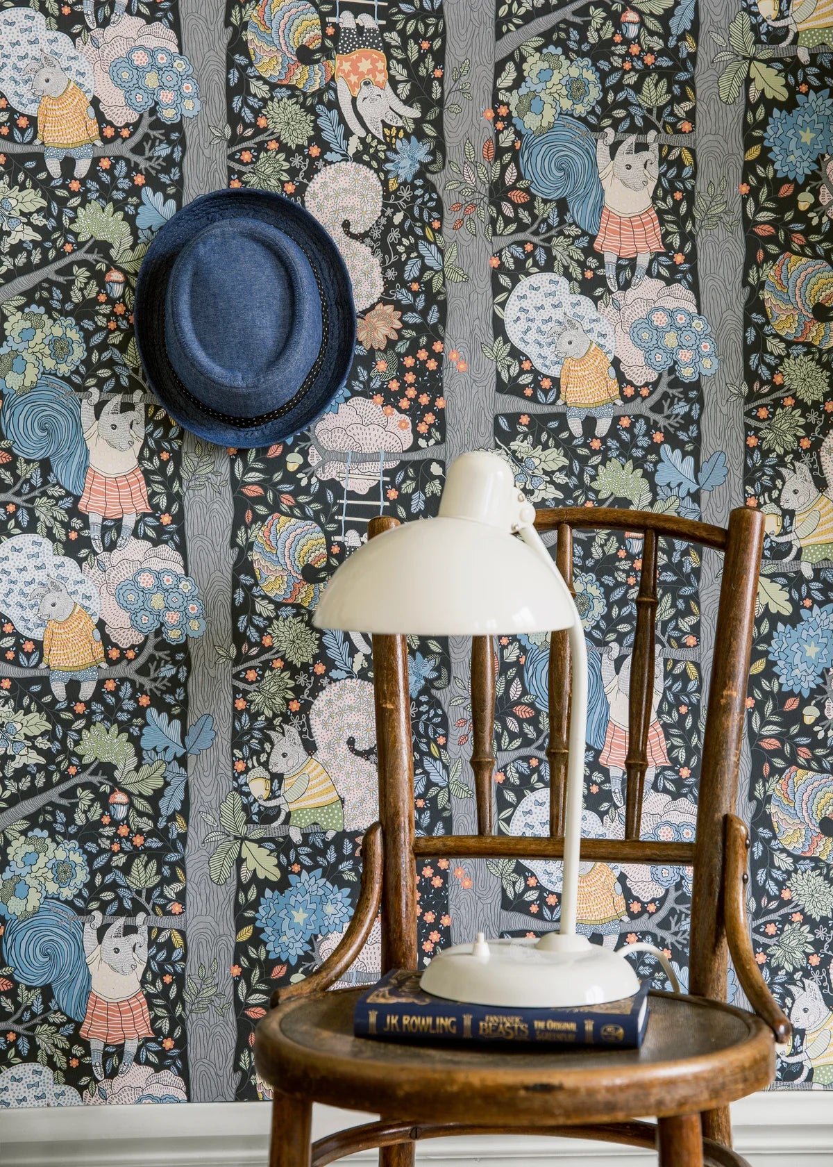 Children's wallpaper with a fairy tale forest theme CHARLIE black with blue